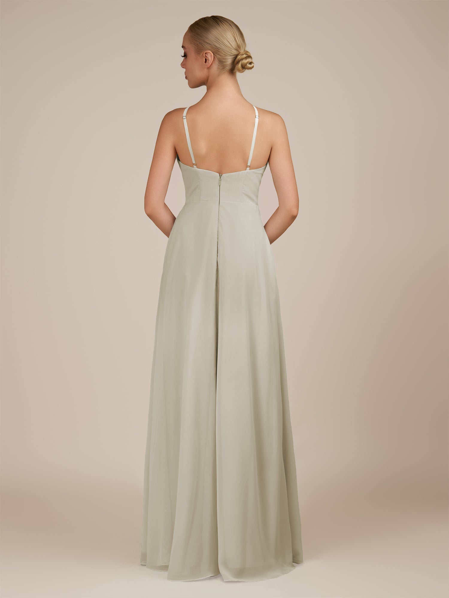 KissDress-Ione Dove Gray A Line Chiffon Halter Neck Long Bridesmaid Dress with Slit