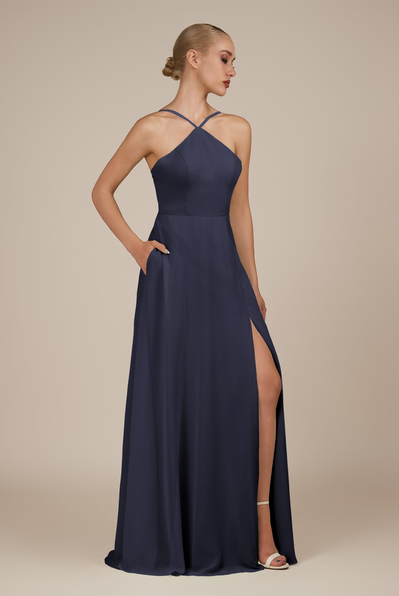 KissDress-Ione Dusk Blue A Line Chiffon Halter Neck Long Bridesmaid Dress with Slit