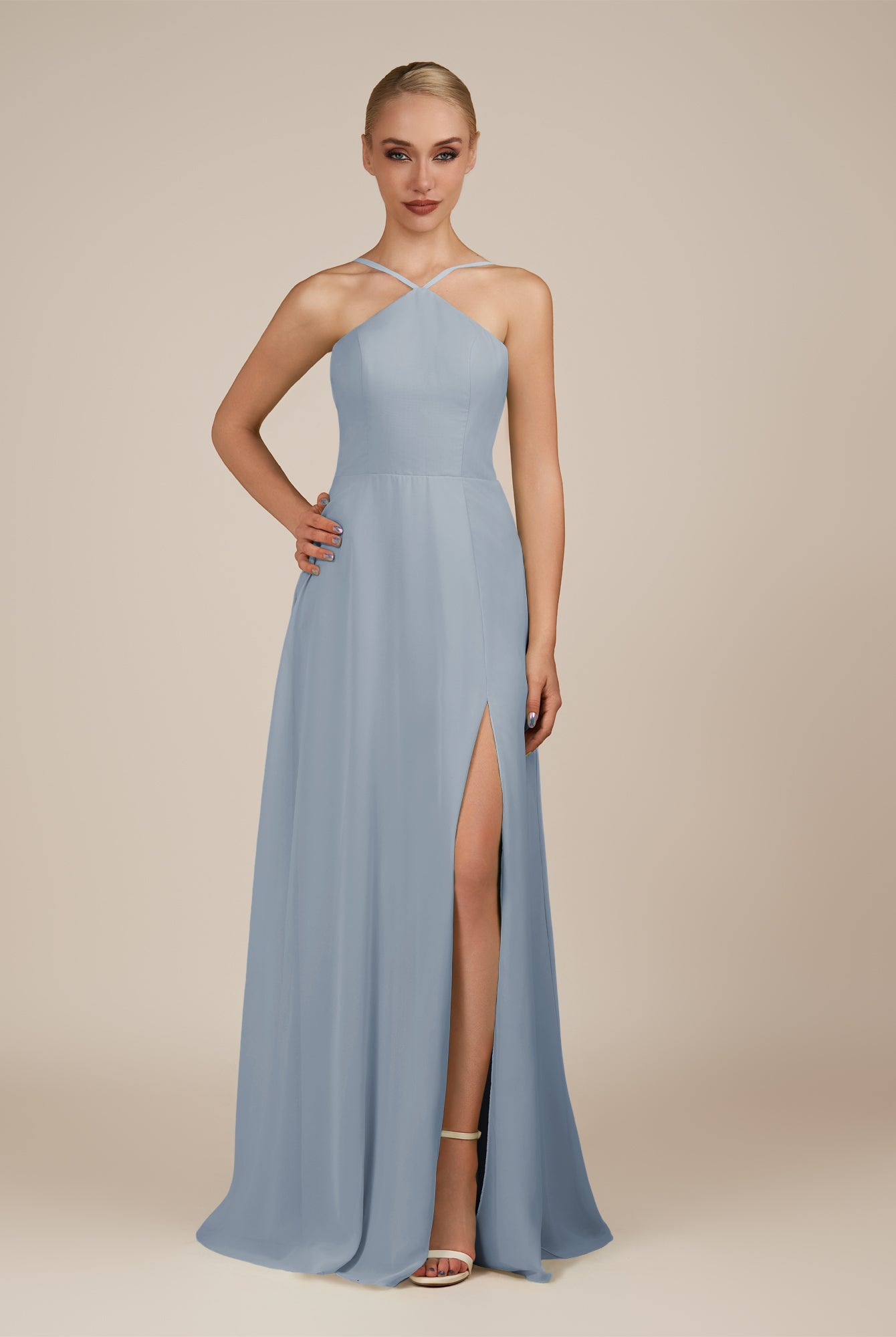 KissDress-Ione Dusty Blue A Line Chiffon Halter Neck Long Bridesmaid Dress with Slit