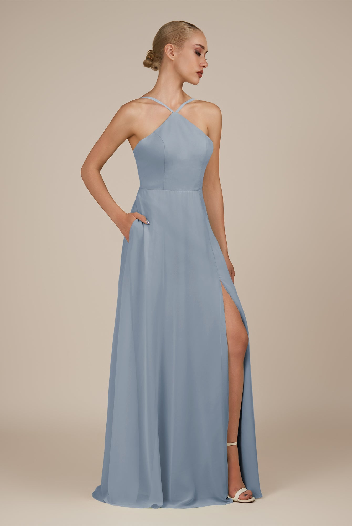 KissDress-Ione Dusty Blue A Line Chiffon Halter Neck Long Bridesmaid Dress with Slit