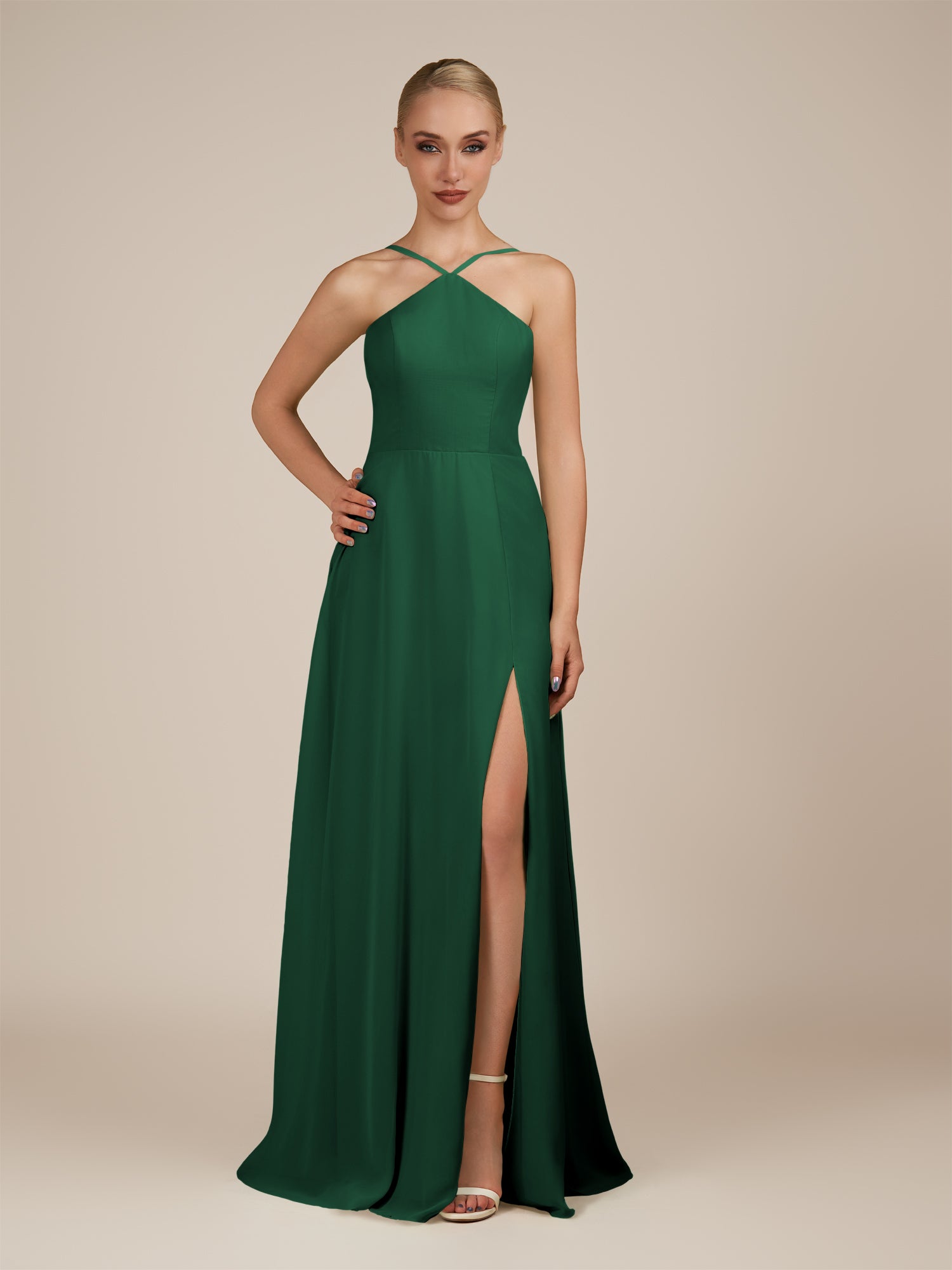 KissDress-Ione Emerald A Line Chiffon Halter Neck Long Bridesmaid Dress with Slit