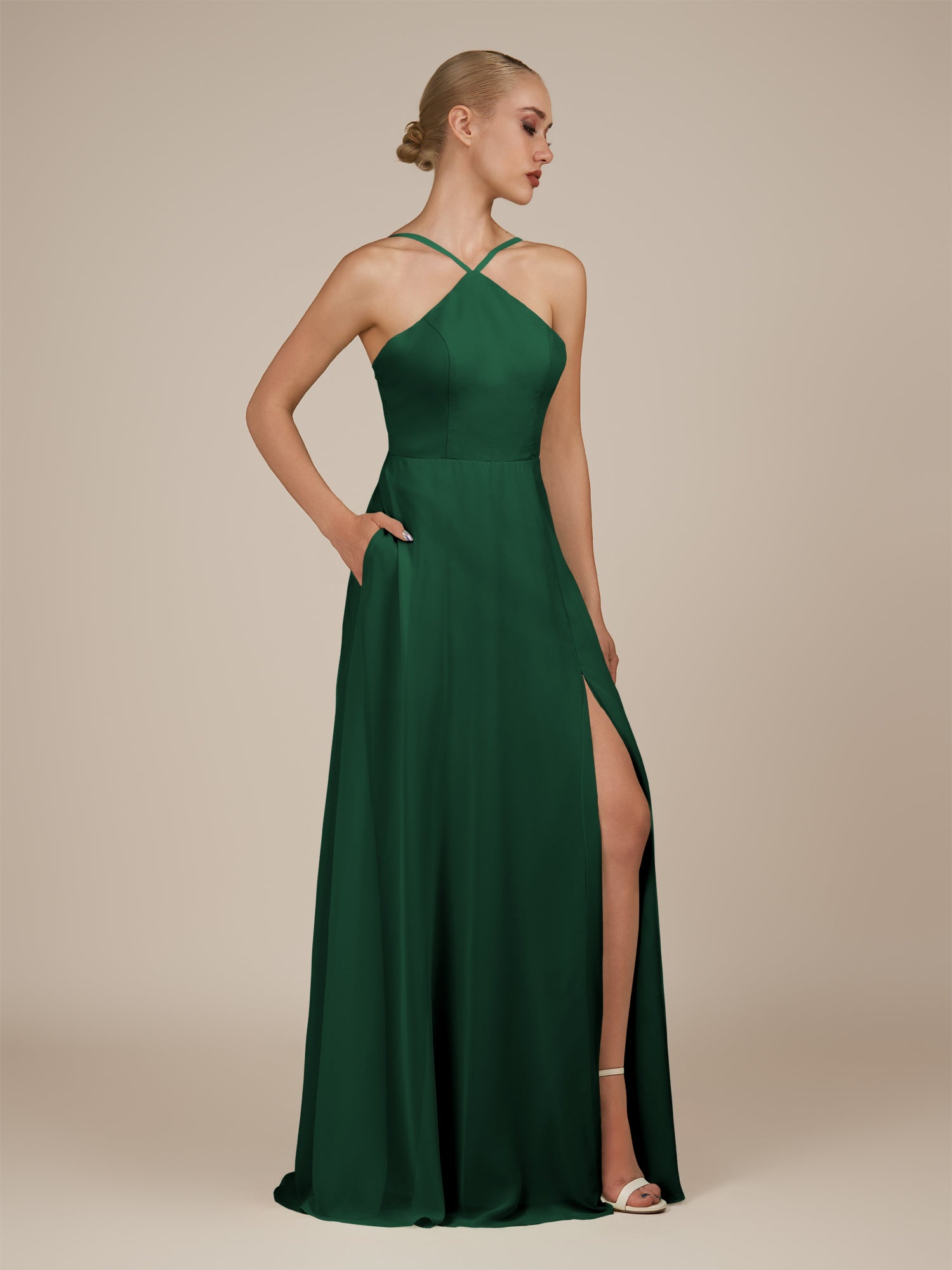 KissDress-Ione Emerald A Line Chiffon Halter Neck Long Bridesmaid Dress with Slit