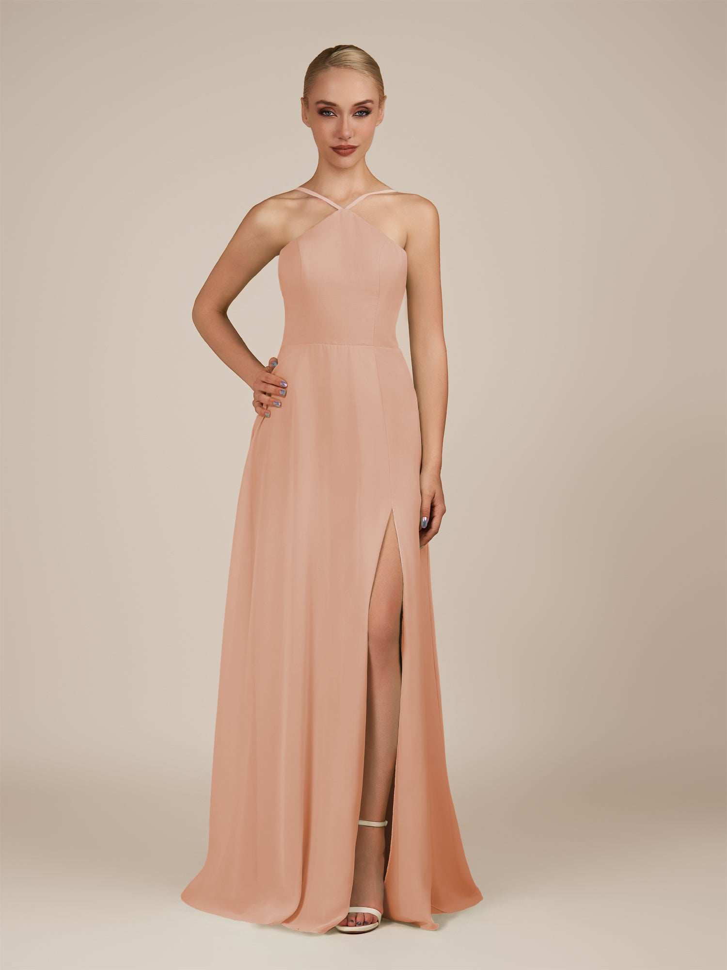 KissDress-Ione English Rose A Line Chiffon Halter Neck Long Bridesmaid Dress with Slit