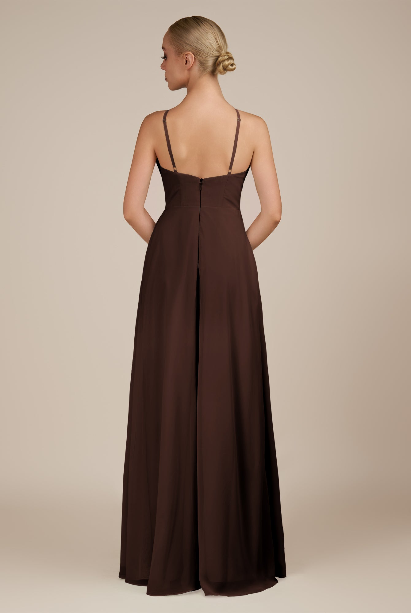 KissDress-Ione Espresso A Line Chiffon Halter Neck Long Bridesmaid Dress with Slit