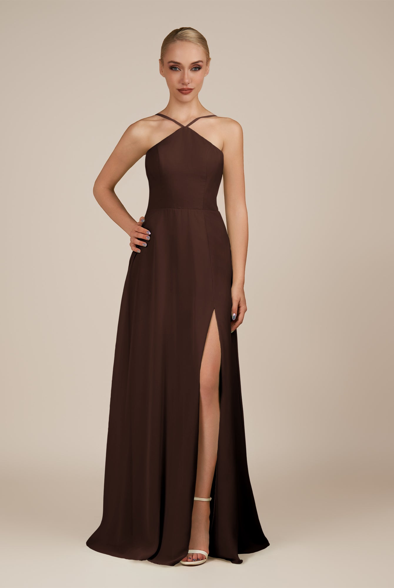 KissDress-Ione Espresso A Line Chiffon Halter Neck Long Bridesmaid Dress with Slit