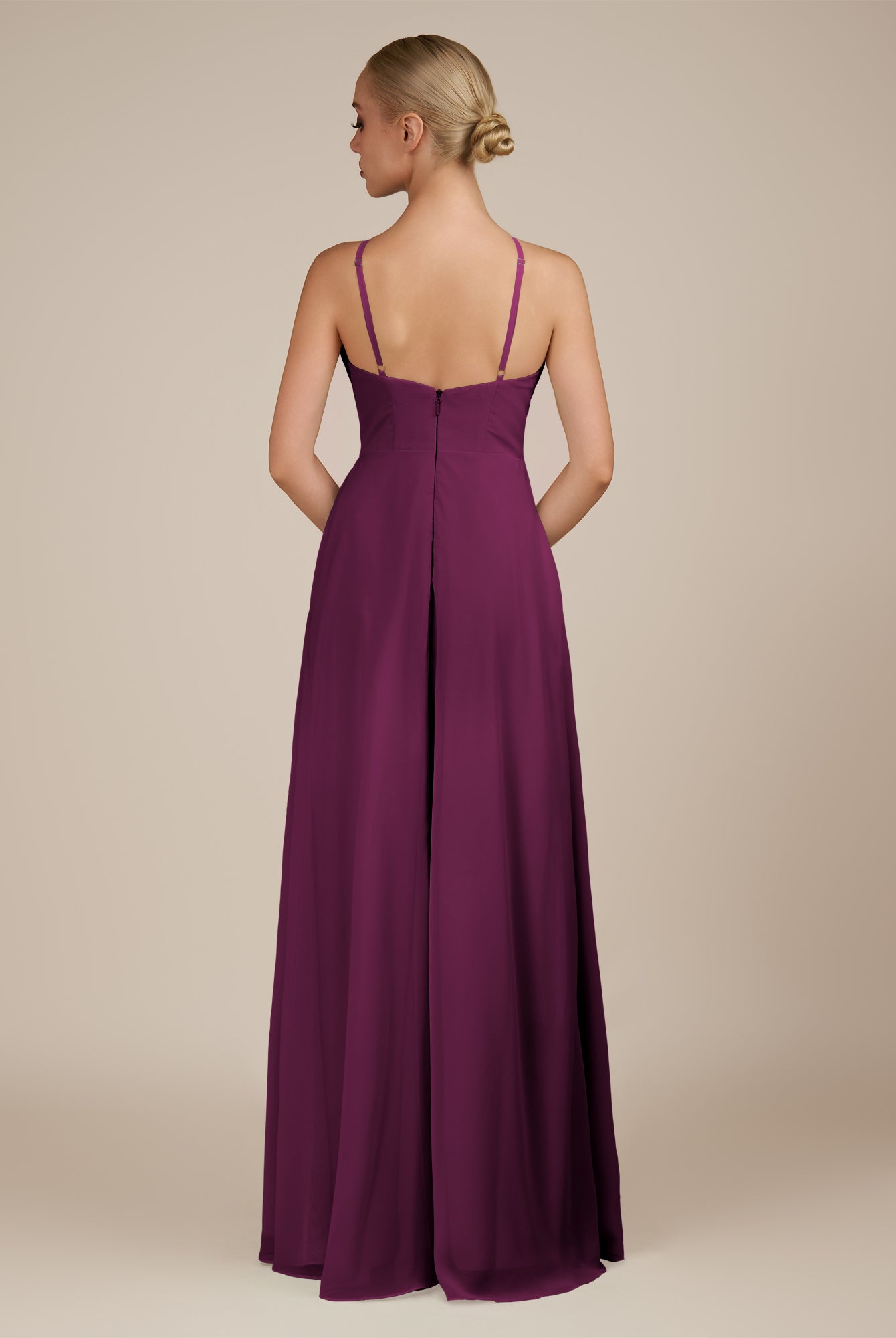 KissDress-Ione Fig A Line Chiffon Halter Neck Long Bridesmaid Dress with Slit