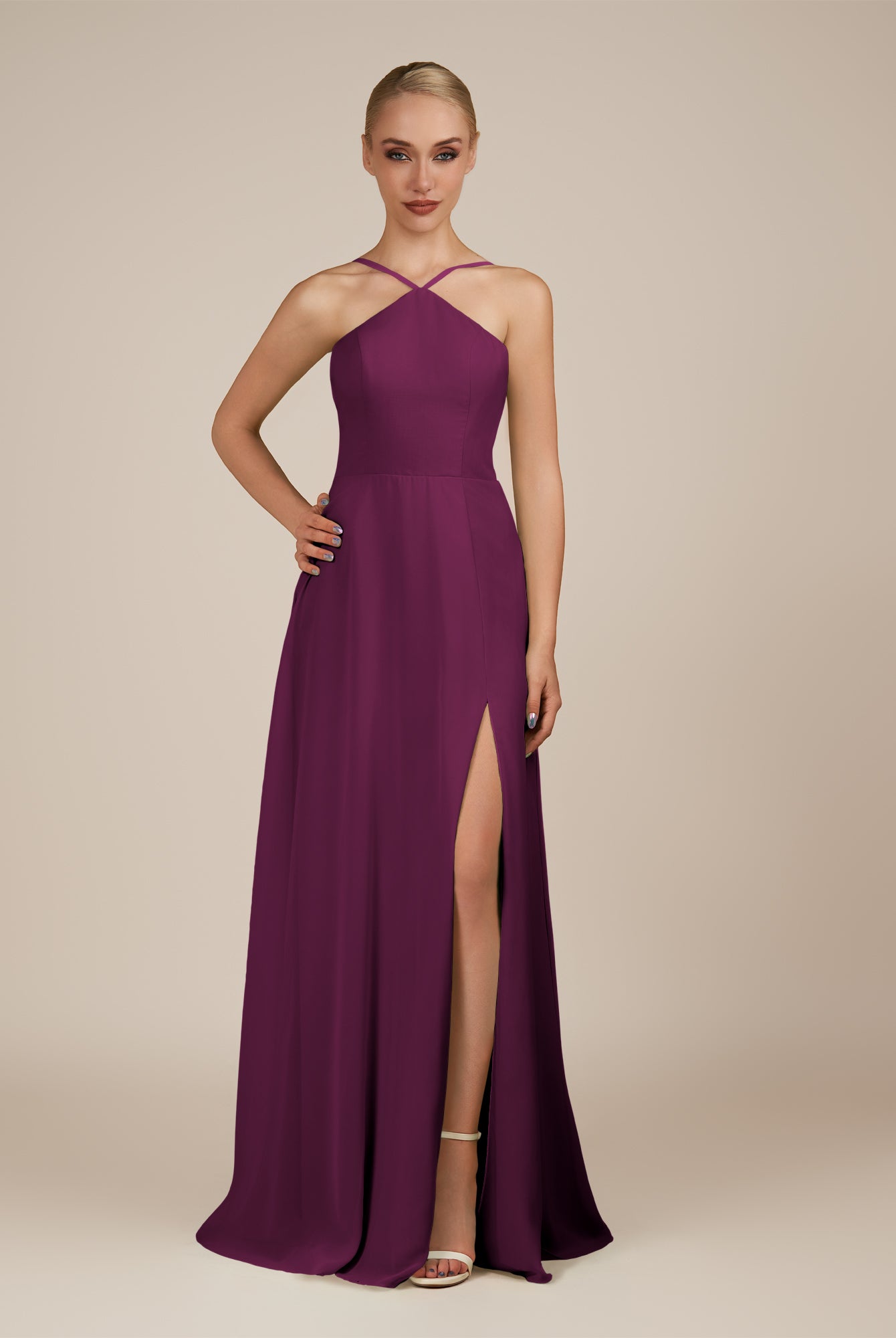 KissDress-Ione Fig A Line Chiffon Halter Neck Long Bridesmaid Dress with Slit