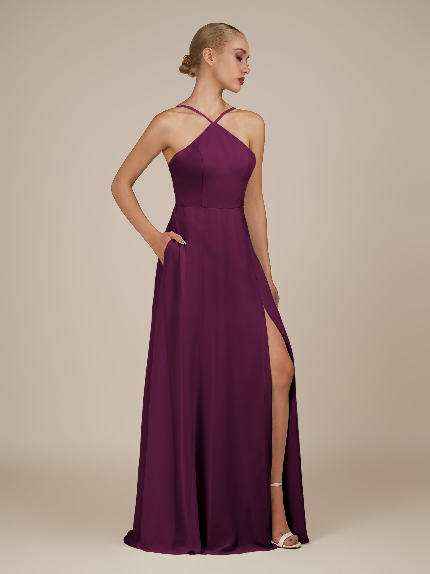 KissDress-Ione Fig A Line Chiffon Halter Neck Long Bridesmaid Dress with Slit