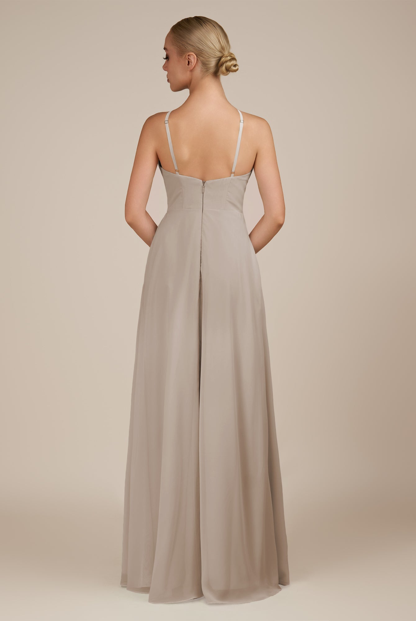 KissDress-Ione Frost A Line Chiffon Halter Neck Long Bridesmaid Dress with Slit