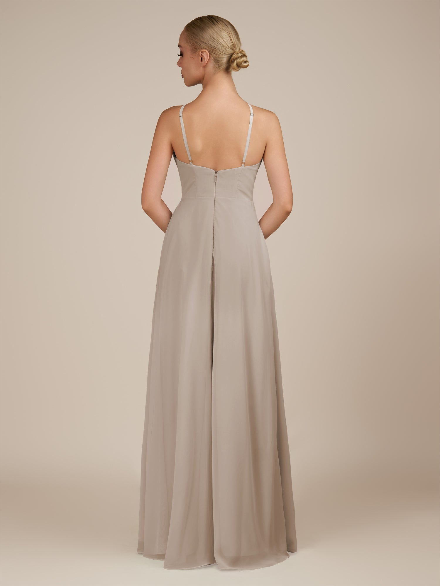 KissDress-Ione Frost A Line Chiffon Halter Neck Long Bridesmaid Dress with Slit