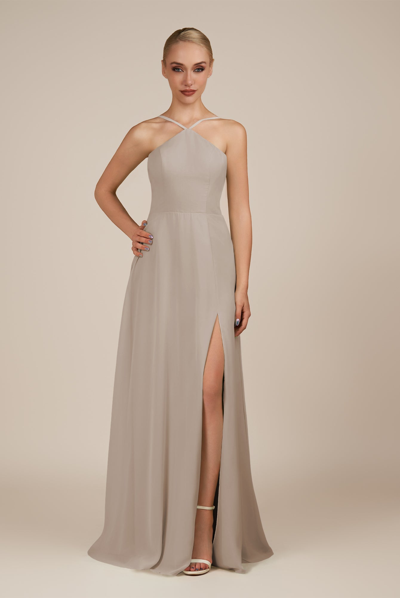 KissDress-Ione Frost A Line Chiffon Halter Neck Long Bridesmaid Dress with Slit