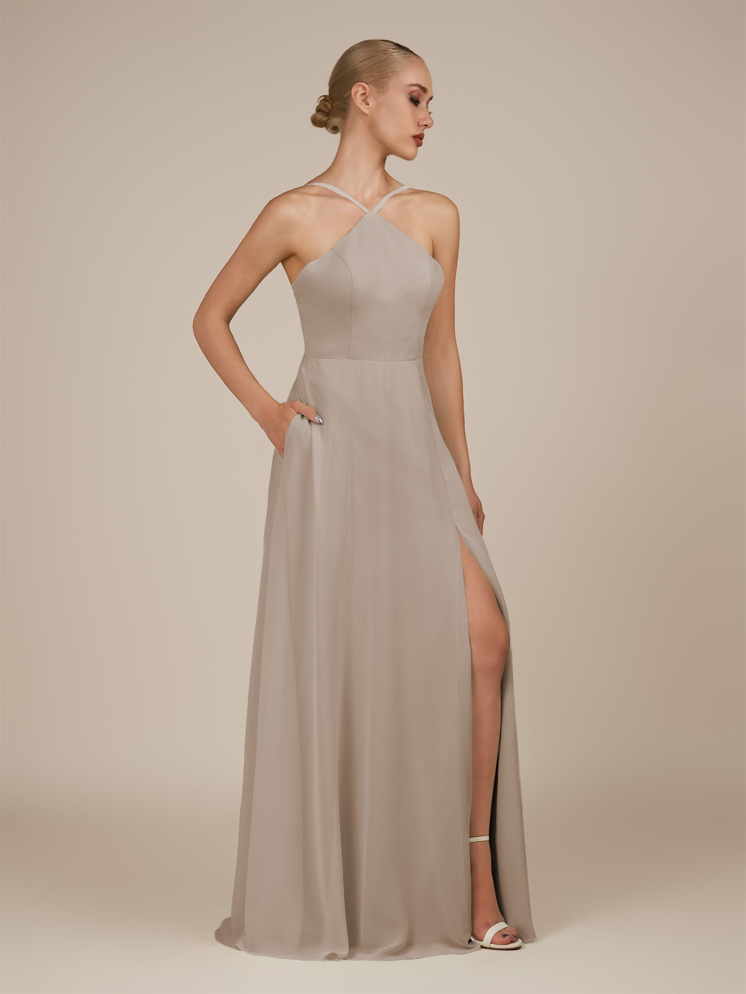 KissDress-Ione Frost A Line Chiffon Halter Neck Long Bridesmaid Dress with Slit