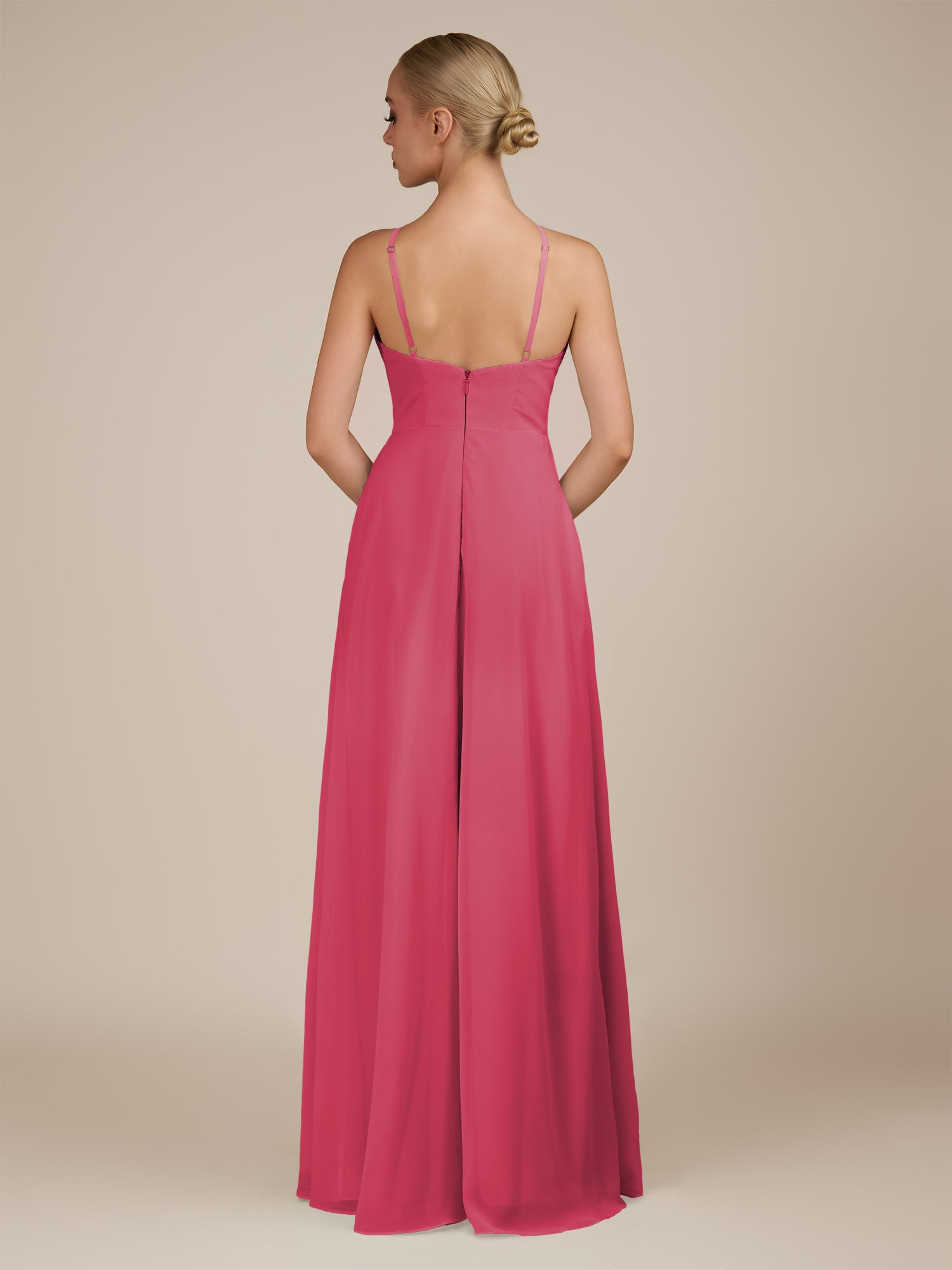 KissDress-Ione Fuchsia A Line Chiffon Halter Neck Long Bridesmaid Dress with Slit