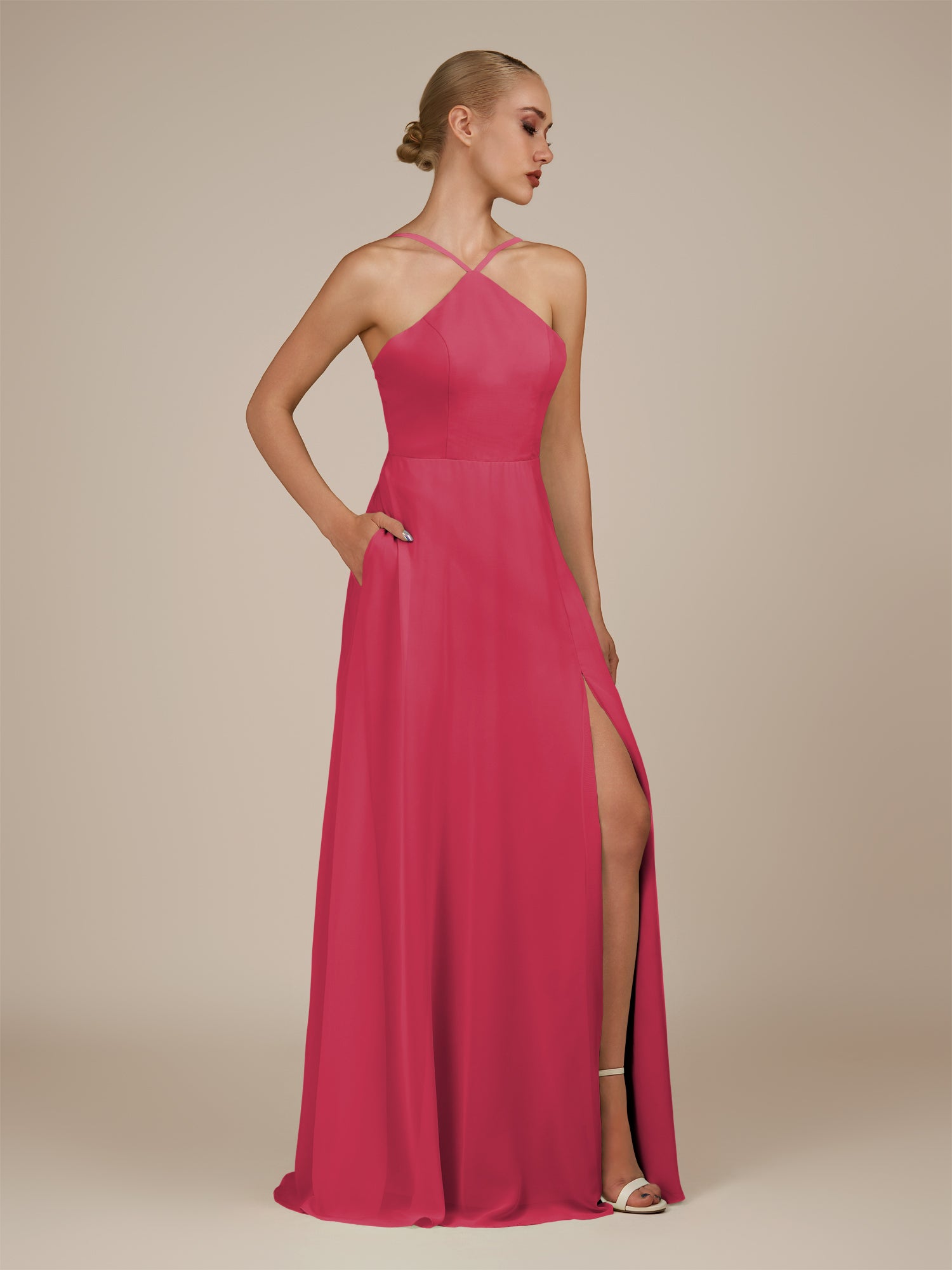 KissDress-Ione Fuchsia A Line Chiffon Halter Neck Long Bridesmaid Dress with Slit