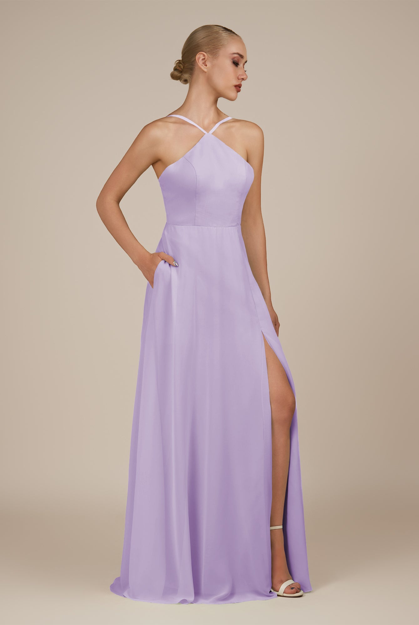 KissDress-Ione Lavender A Line Chiffon Halter Neck Long Bridesmaid Dress with Slit