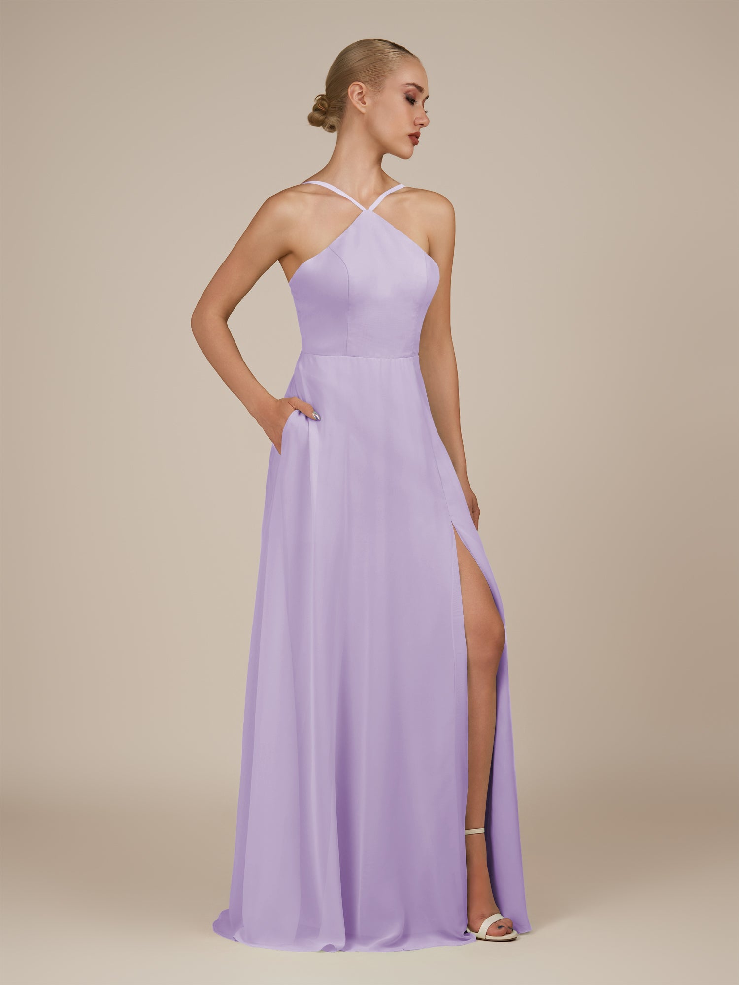 KissDress-Ione Lavender A Line Chiffon Halter Neck Long Bridesmaid Dress with Slit