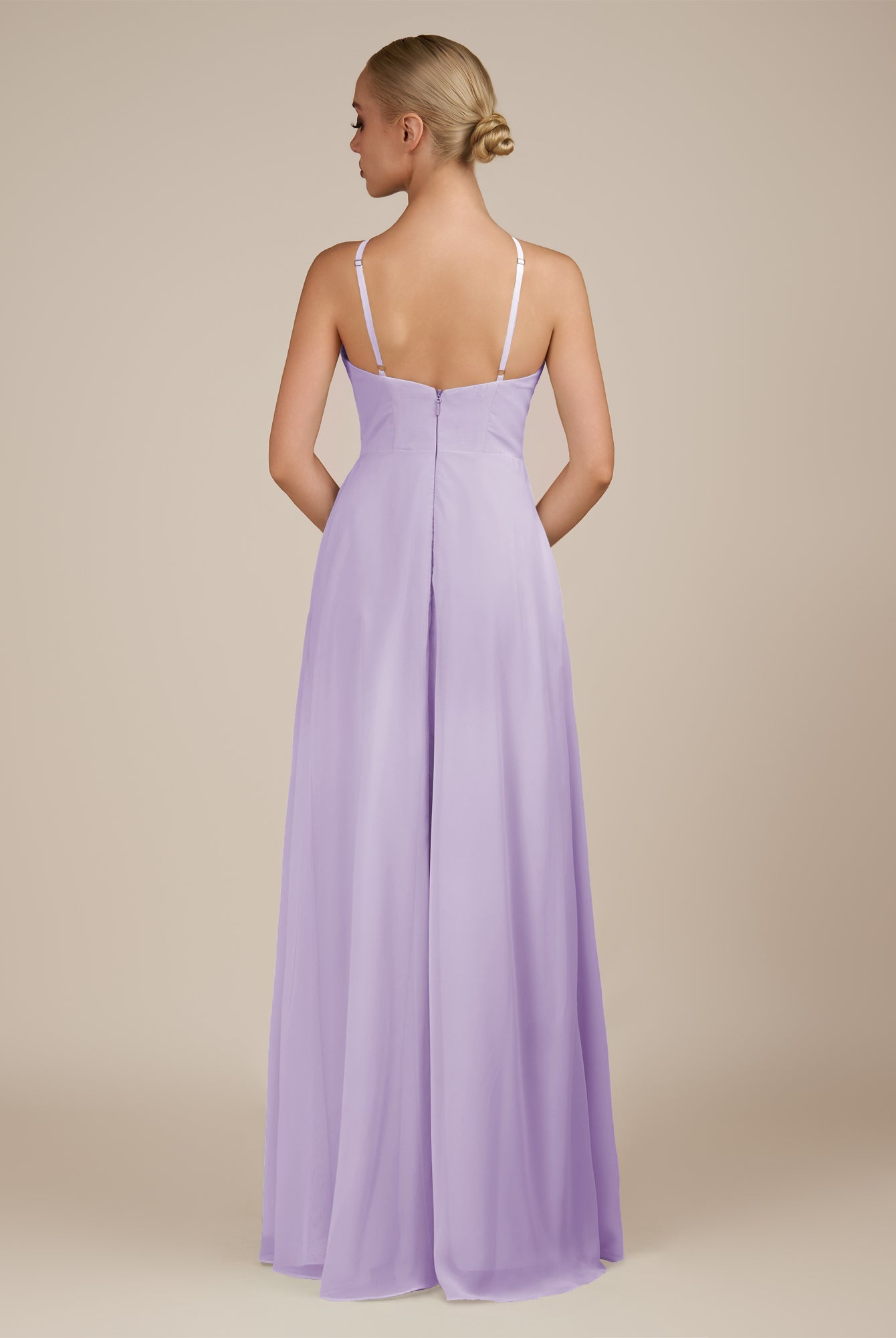 KissDress-Ione Lavender A Line Chiffon Halter Neck Long Bridesmaid Dress with Slit