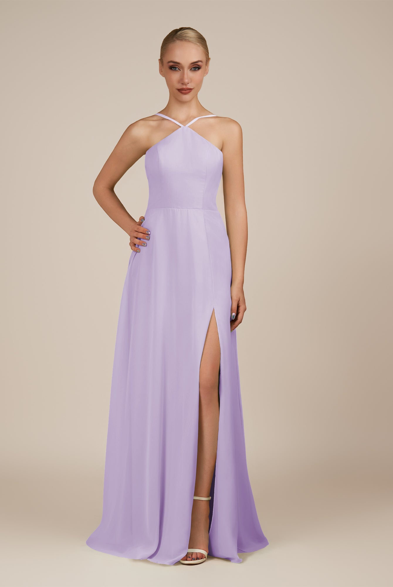 KissDress-Ione Lavender A Line Chiffon Halter Neck Long Bridesmaid Dress with Slit