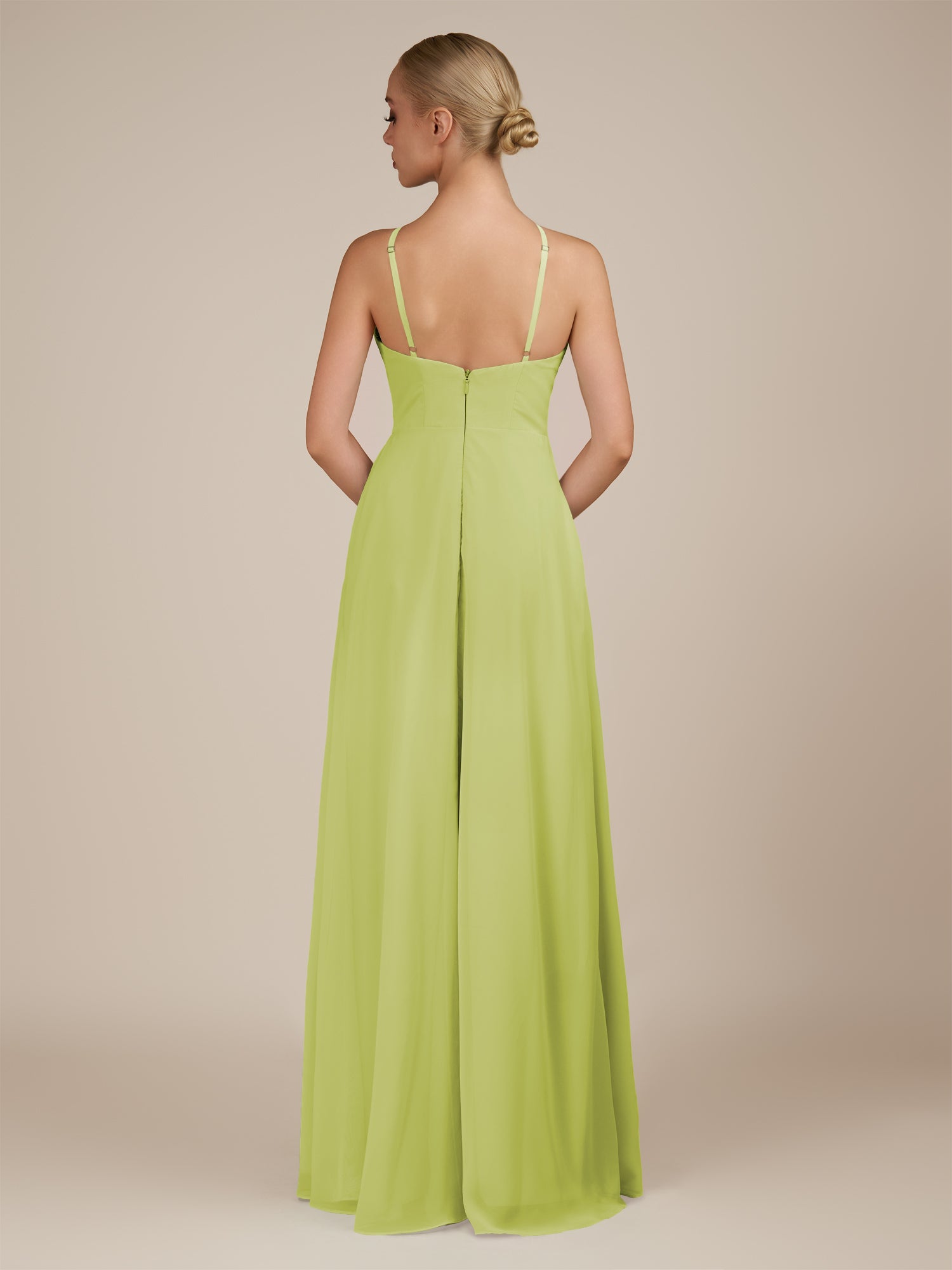 KissDress-Ione Lemon Sorbet A Line Chiffon Halter Neck Long Bridesmaid Dress with Slit