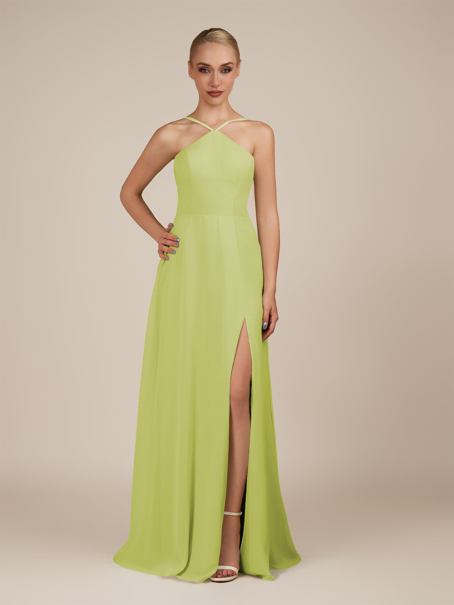 KissDress-Ione Lemon Sorbet A Line Chiffon Halter Neck Long Bridesmaid Dress with Slit