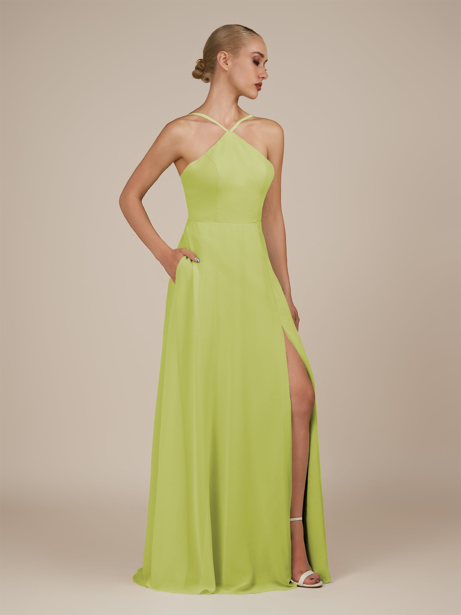 KissDress-Ione Lemon Sorbet A Line Chiffon Halter Neck Long Bridesmaid Dress with Slit