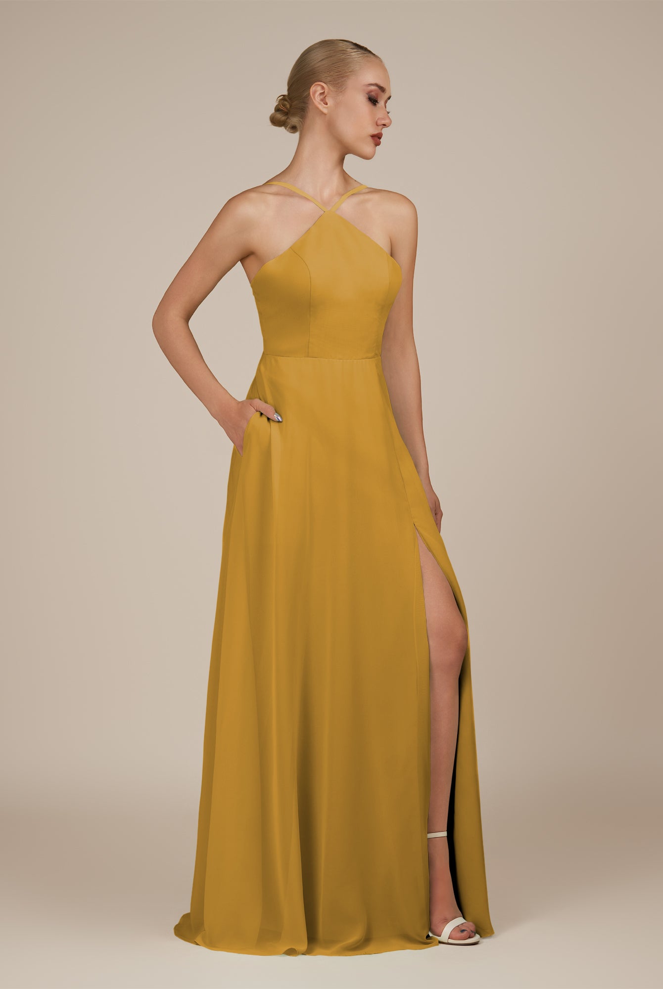 KissDress-Ione Marigold A Line Chiffon Halter Neck Long Bridesmaid Dress with Slit