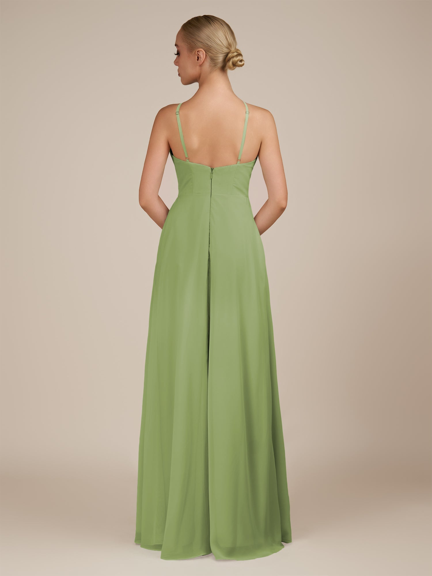 KissDress-Ione Matcha A Line Chiffon Halter Neck Long Bridesmaid Dress with Slit