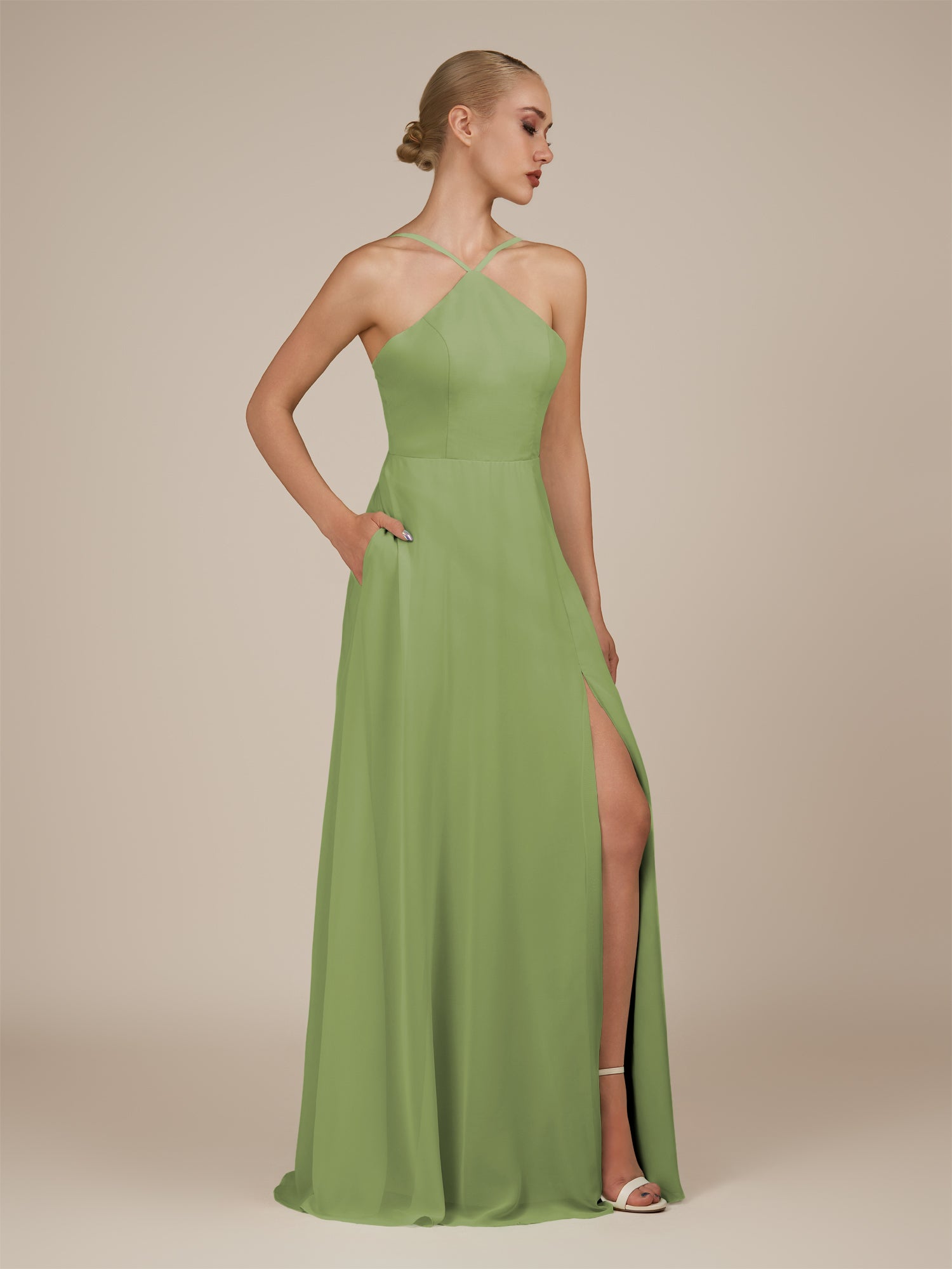 KissDress-Ione Matcha A Line Chiffon Halter Neck Long Bridesmaid Dress with Slit