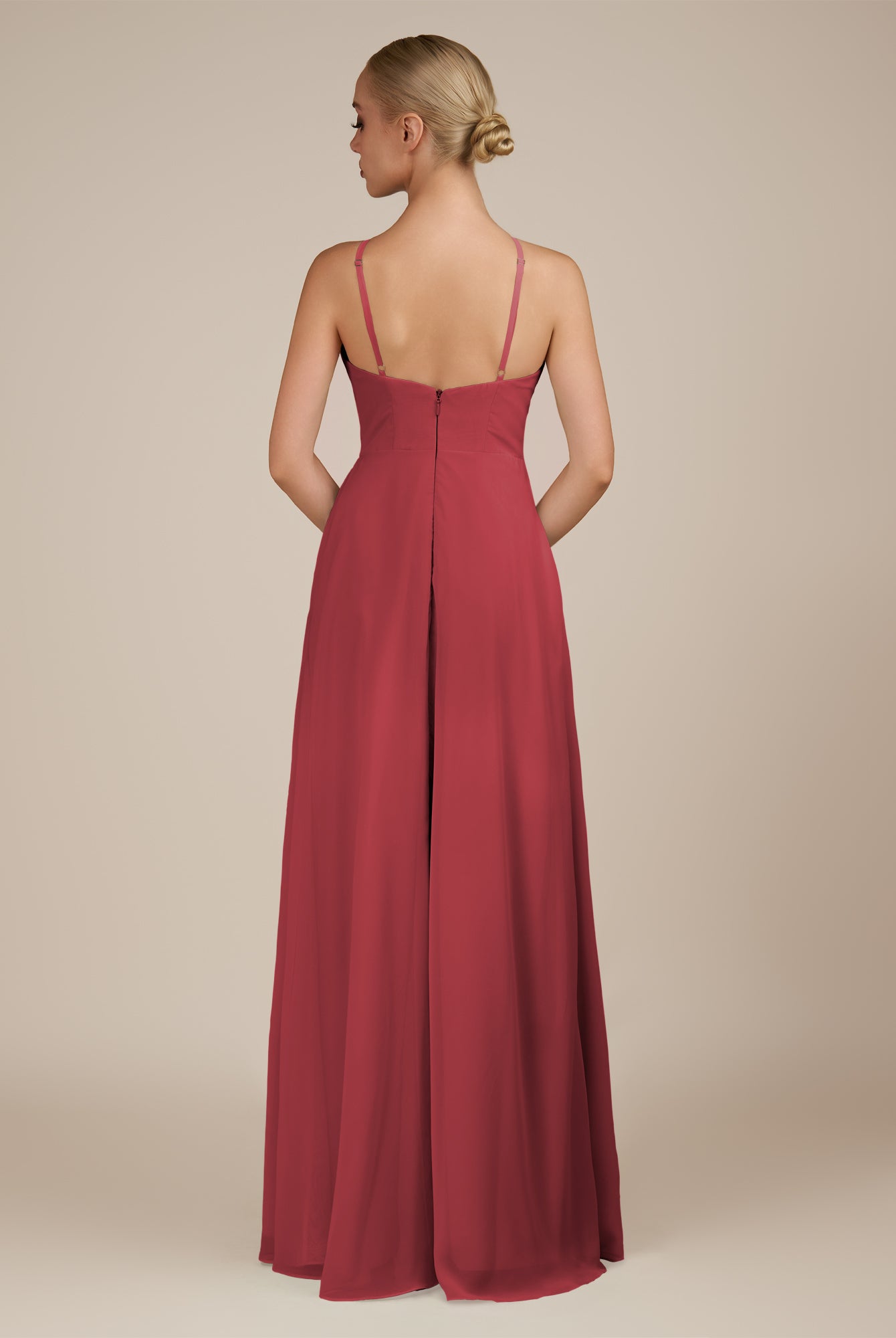KissDress-Ione Merlot A Line Chiffon Halter Neck Long Bridesmaid Dress with Slit