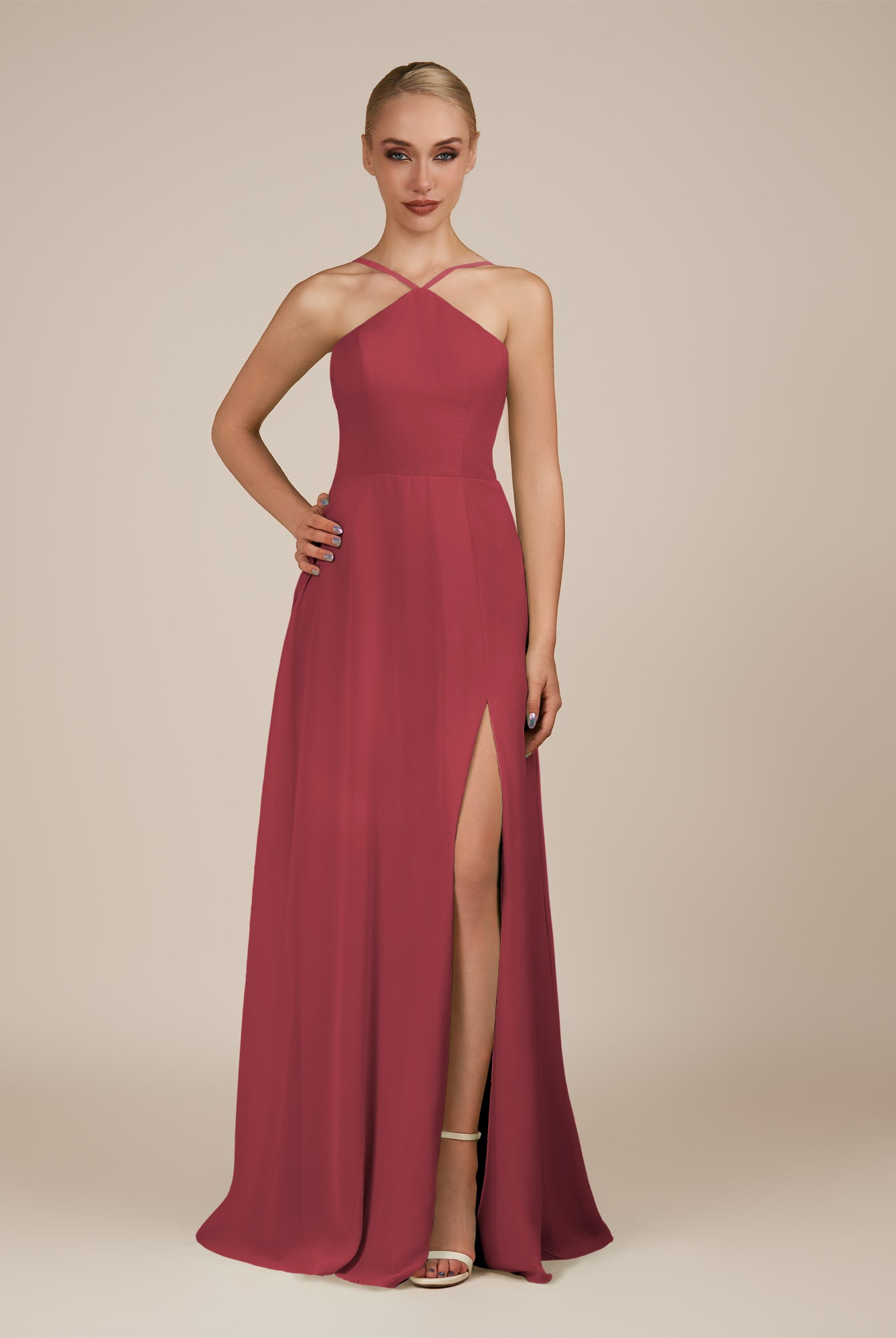 KissDress-Ione Merlot A Line Chiffon Halter Neck Long Bridesmaid Dress with Slit