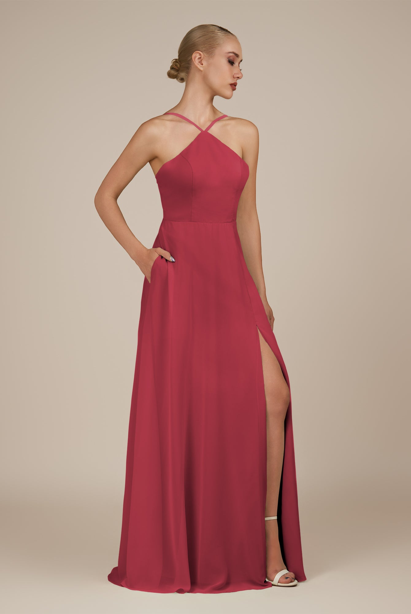 KissDress-Ione Merlot A Line Chiffon Halter Neck Long Bridesmaid Dress with Slit