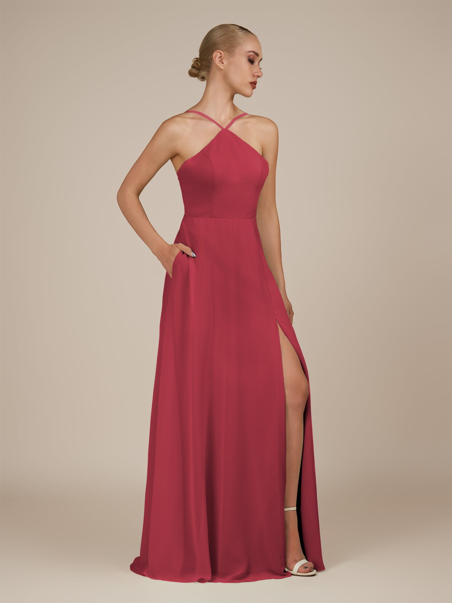 KissDress-Ione Merlot A Line Chiffon Halter Neck Long Bridesmaid Dress with Slit