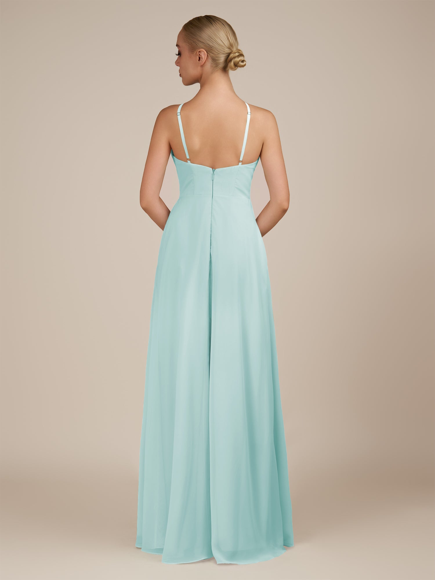 KissDress-Ione Mist A Line Chiffon Halter Neck Long Bridesmaid Dress with Slit