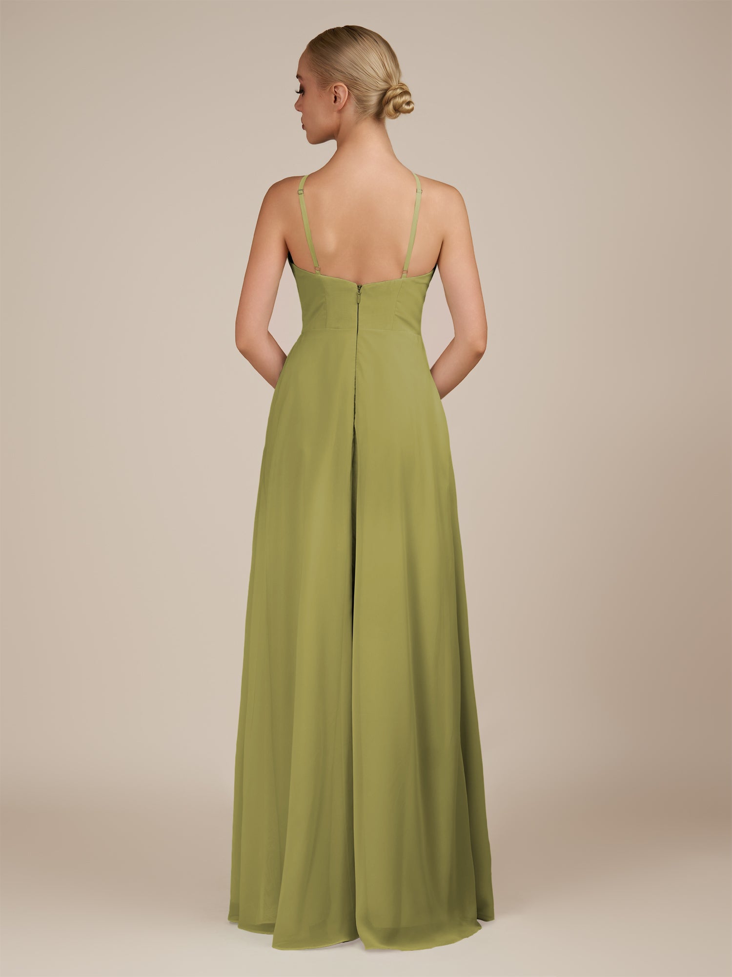 KissDress-Ione Moss Green A Line Chiffon Halter Neck Long Bridesmaid Dress with Slit