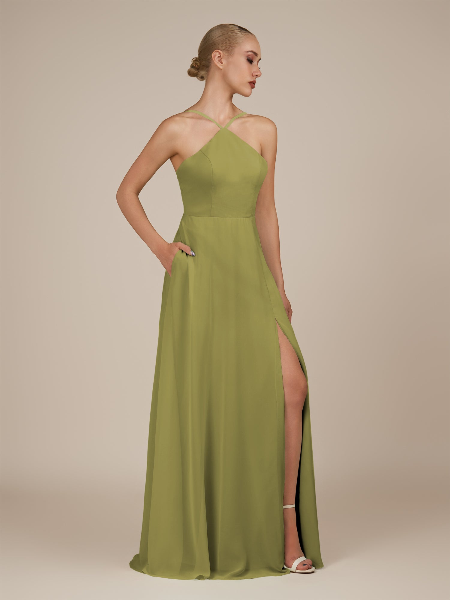 KissDress-Ione Moss Green A Line Chiffon Halter Neck Long Bridesmaid Dress with Slit