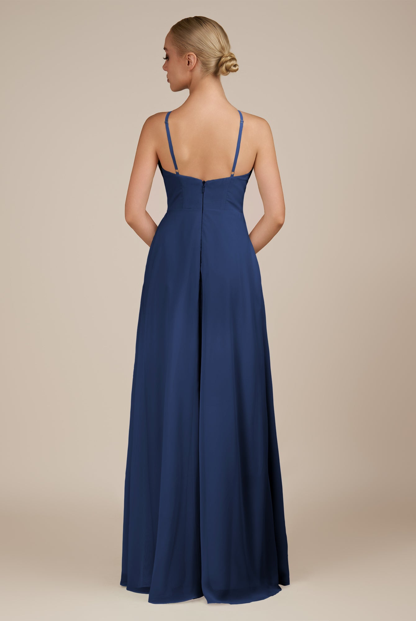 KissDress-Ione Navy A Line Chiffon Halter Neck Long Bridesmaid Dress with Slit