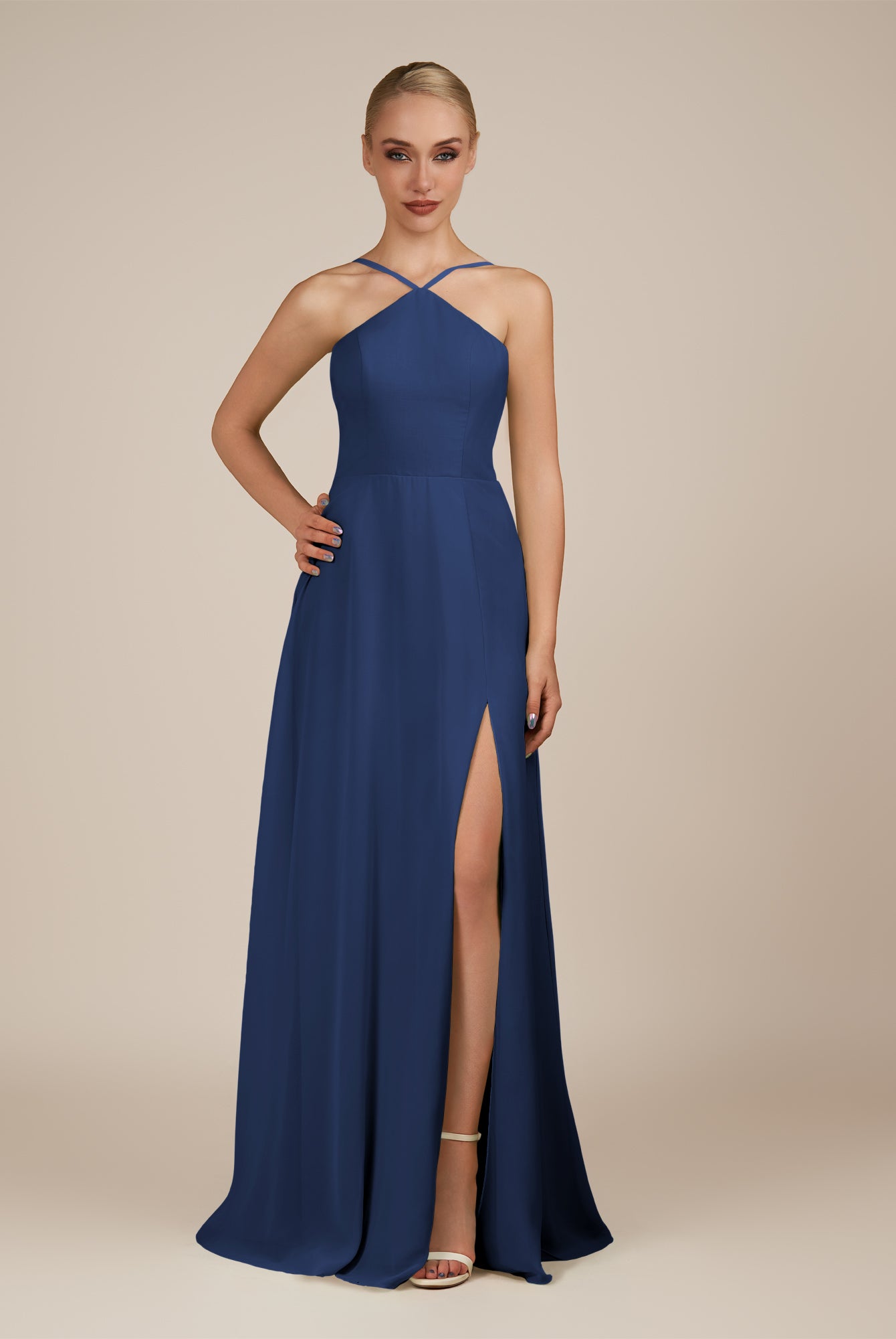 KissDress-Ione Navy A Line Chiffon Halter Neck Long Bridesmaid Dress with Slit