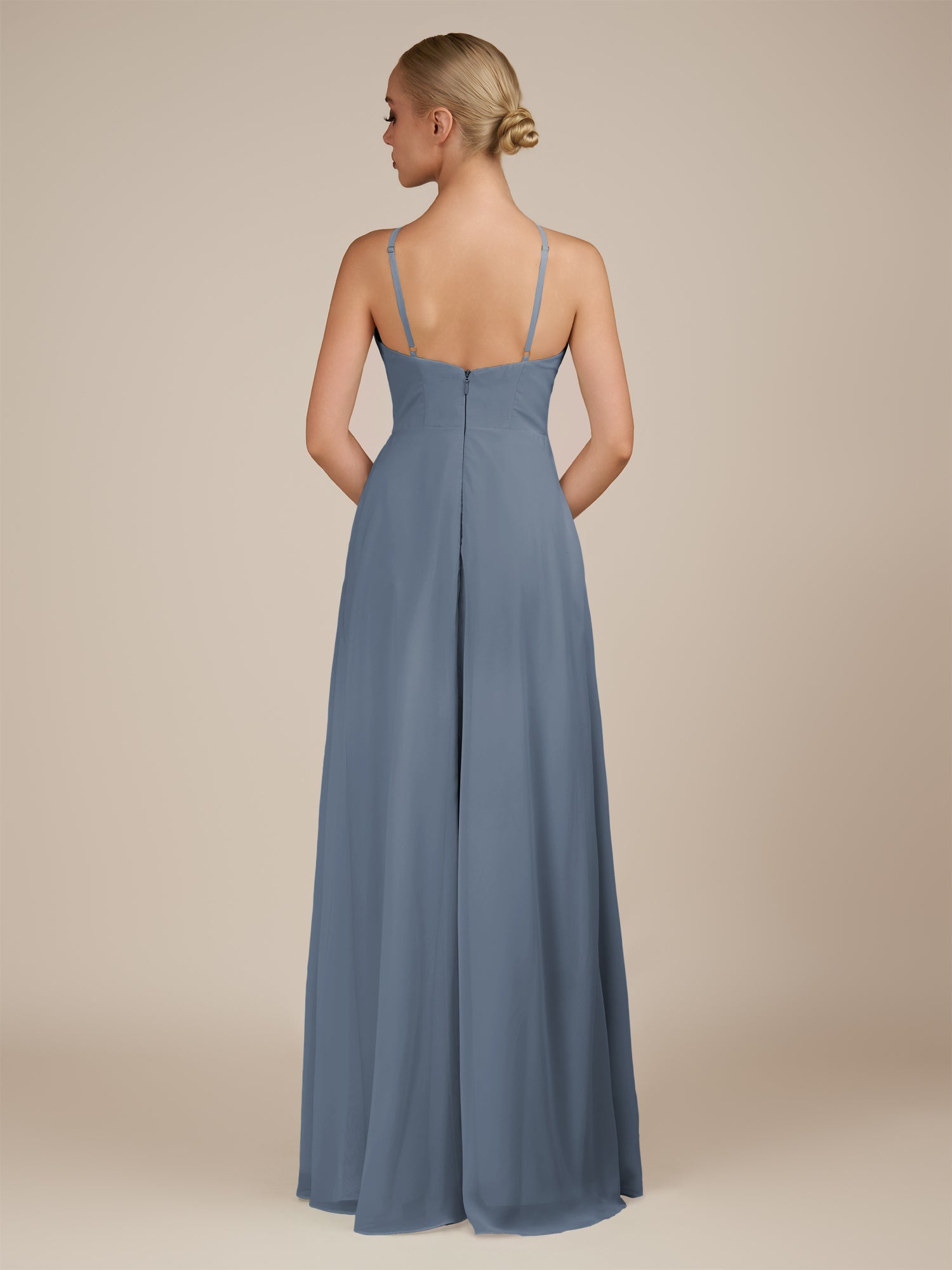 KissDress-Ione Neptune A Line Chiffon Halter Neck Long Bridesmaid Dress with Slit
