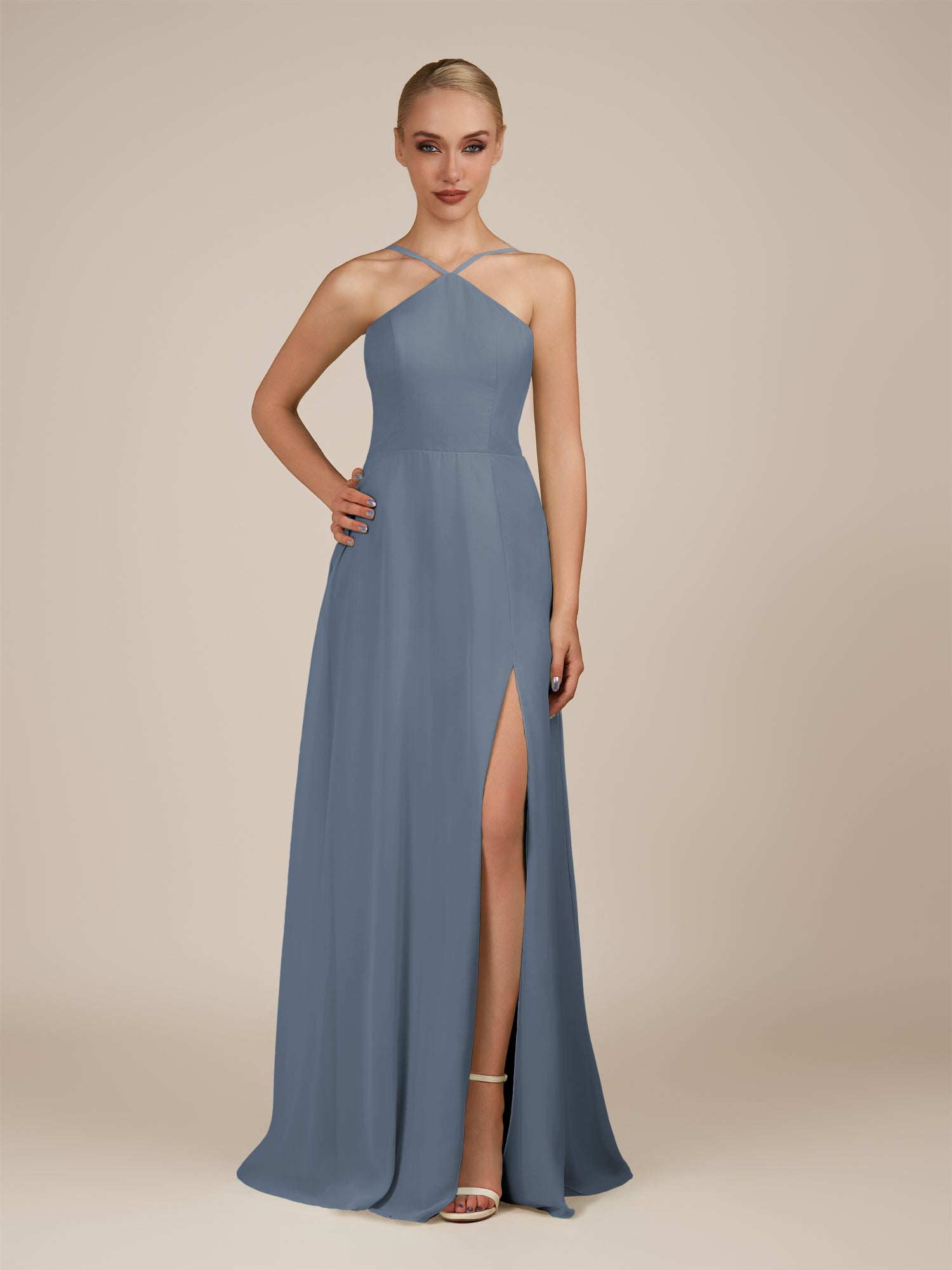 KissDress-Ione Neptune A Line Chiffon Halter Neck Long Bridesmaid Dress with Slit