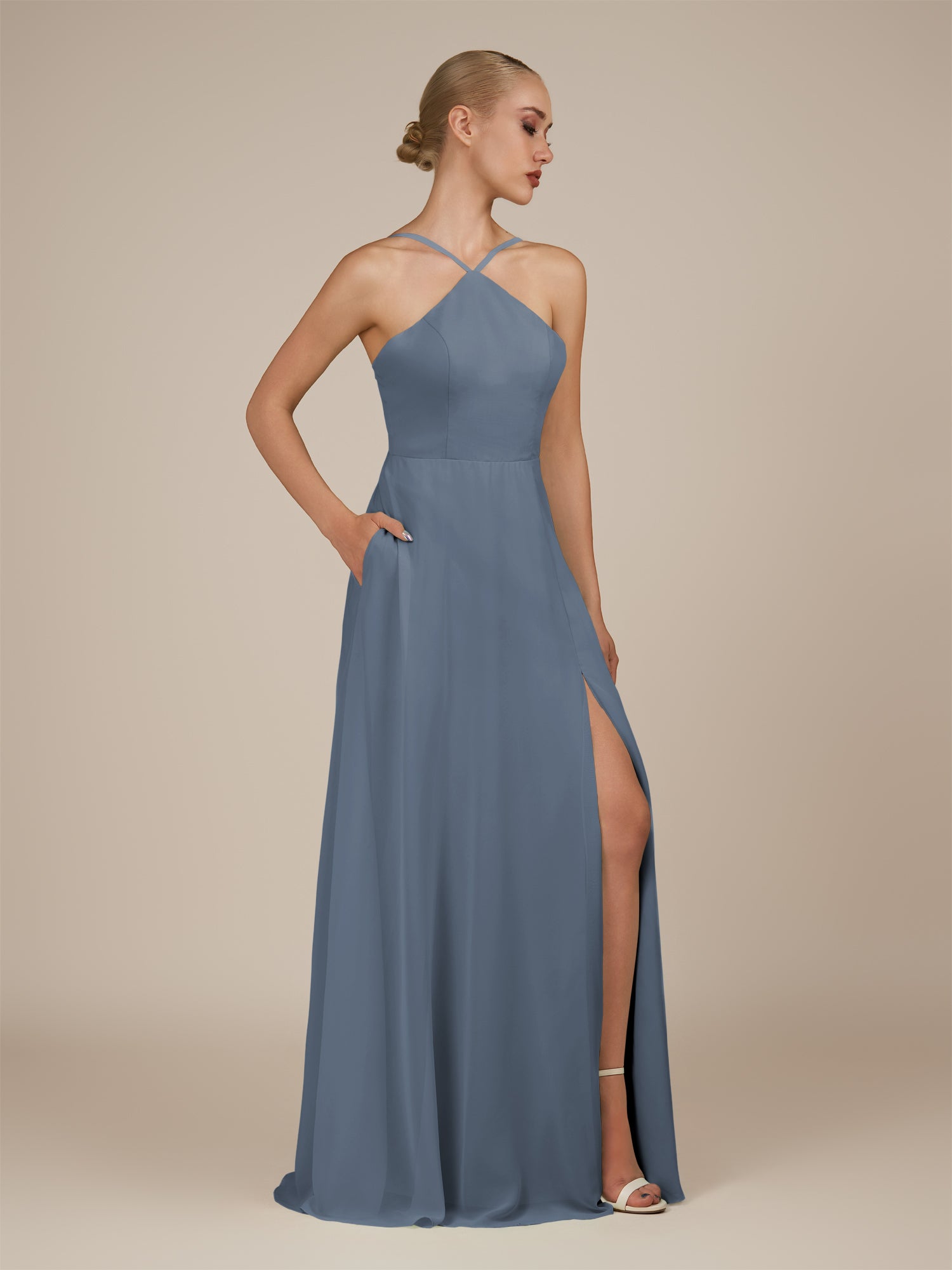 KissDress-Ione Neptune A Line Chiffon Halter Neck Long Bridesmaid Dress with Slit