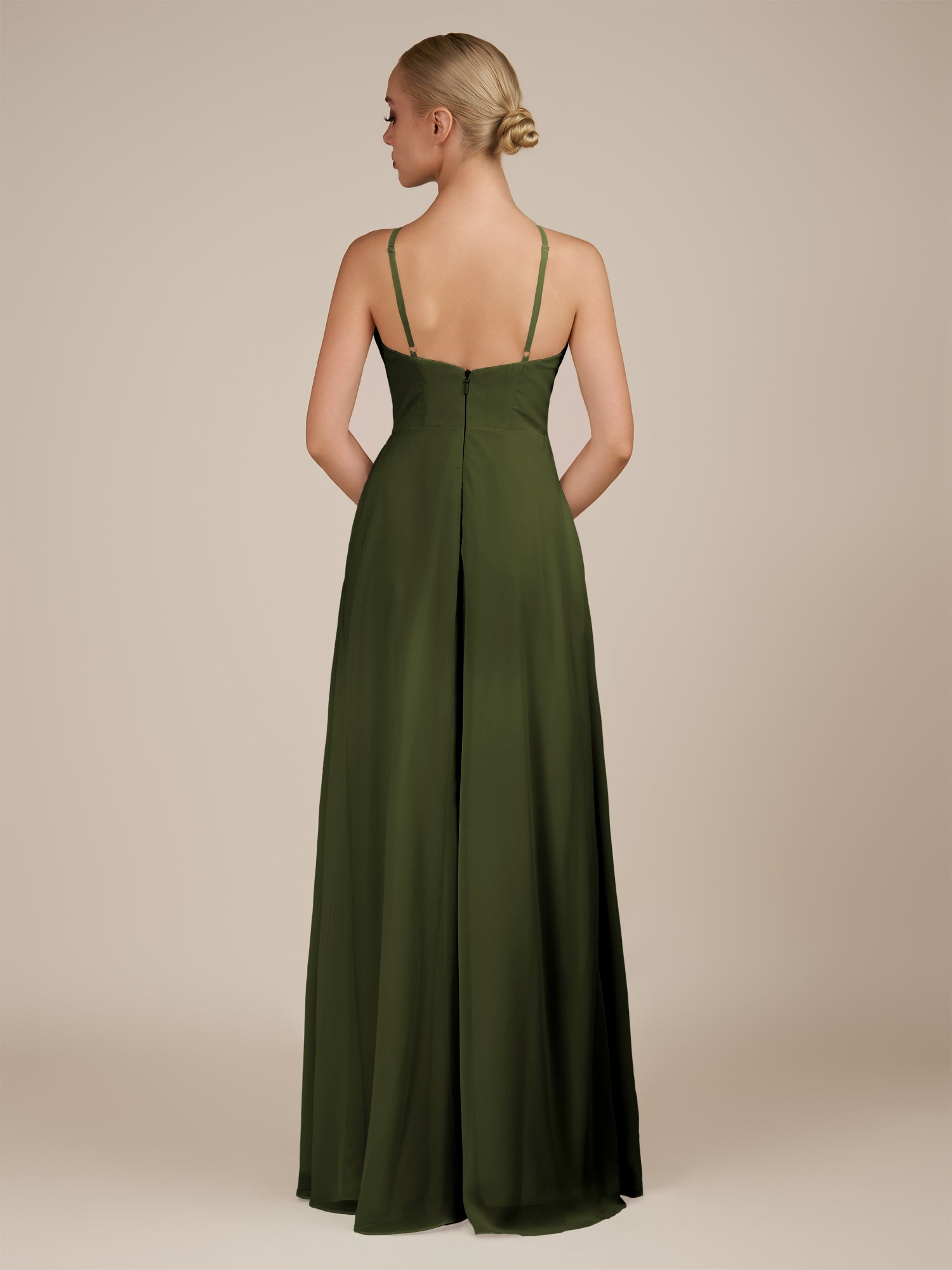 KissDress-Ione Olive A Line Chiffon Halter Neck Long Bridesmaid Dress with Slit
