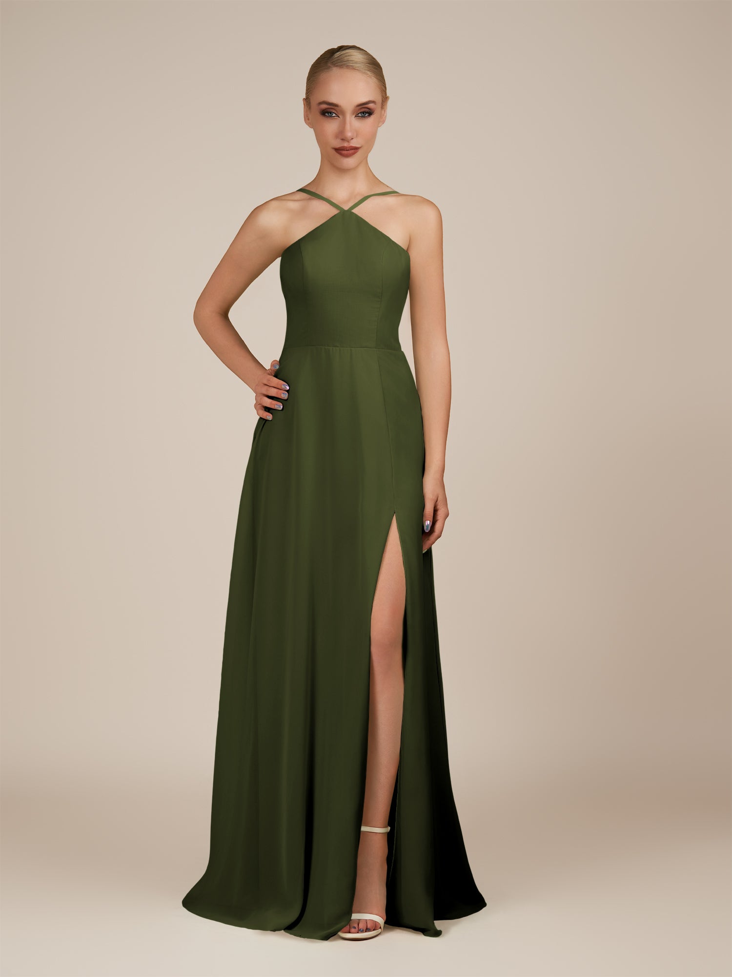 KissDress-Ione Olive A Line Chiffon Halter Neck Long Bridesmaid Dress with Slit