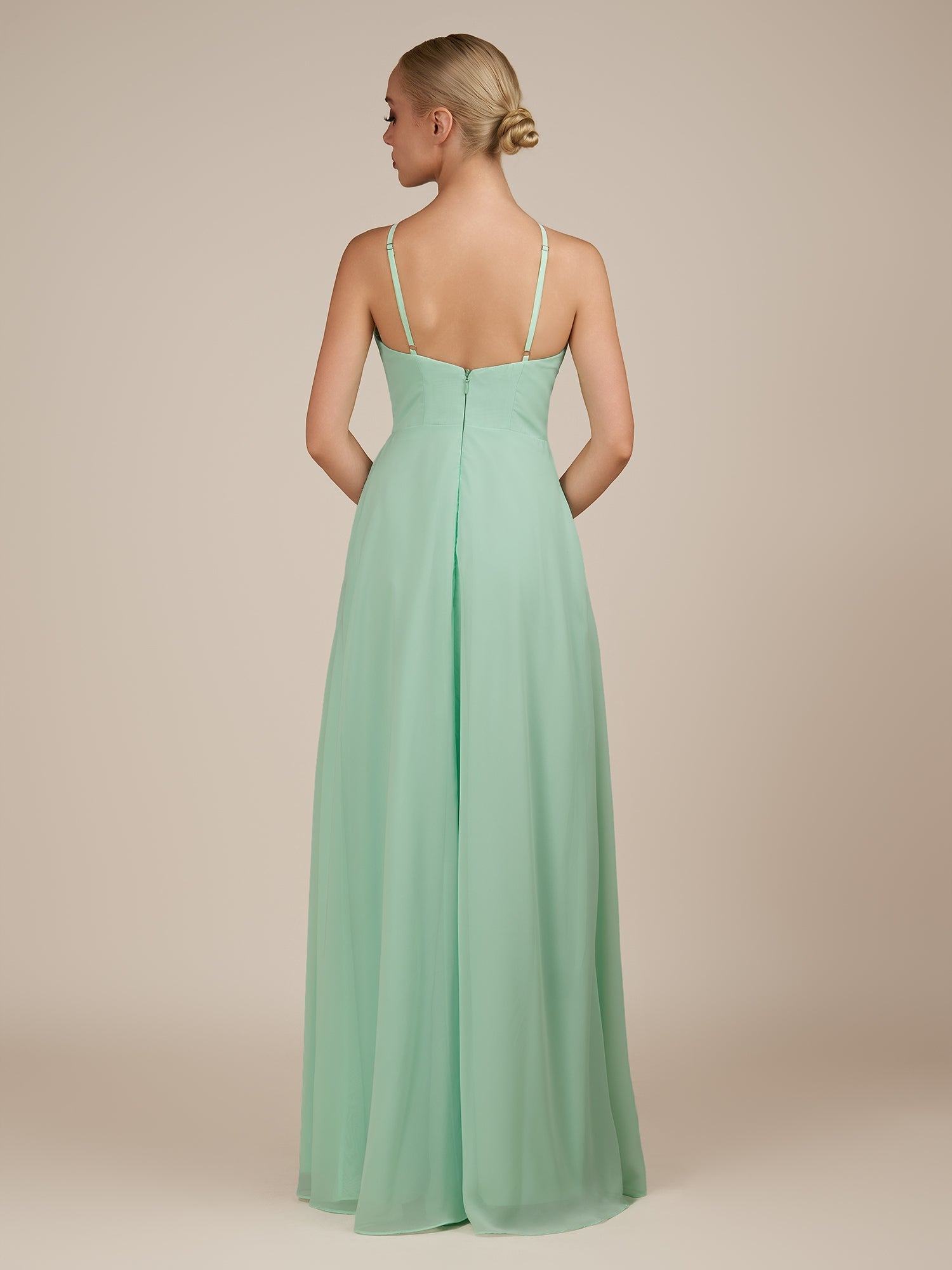 KissDress-Ione Pale Pistachio A Line Chiffon Halter Neck Long Bridesmaid Dress with Slit