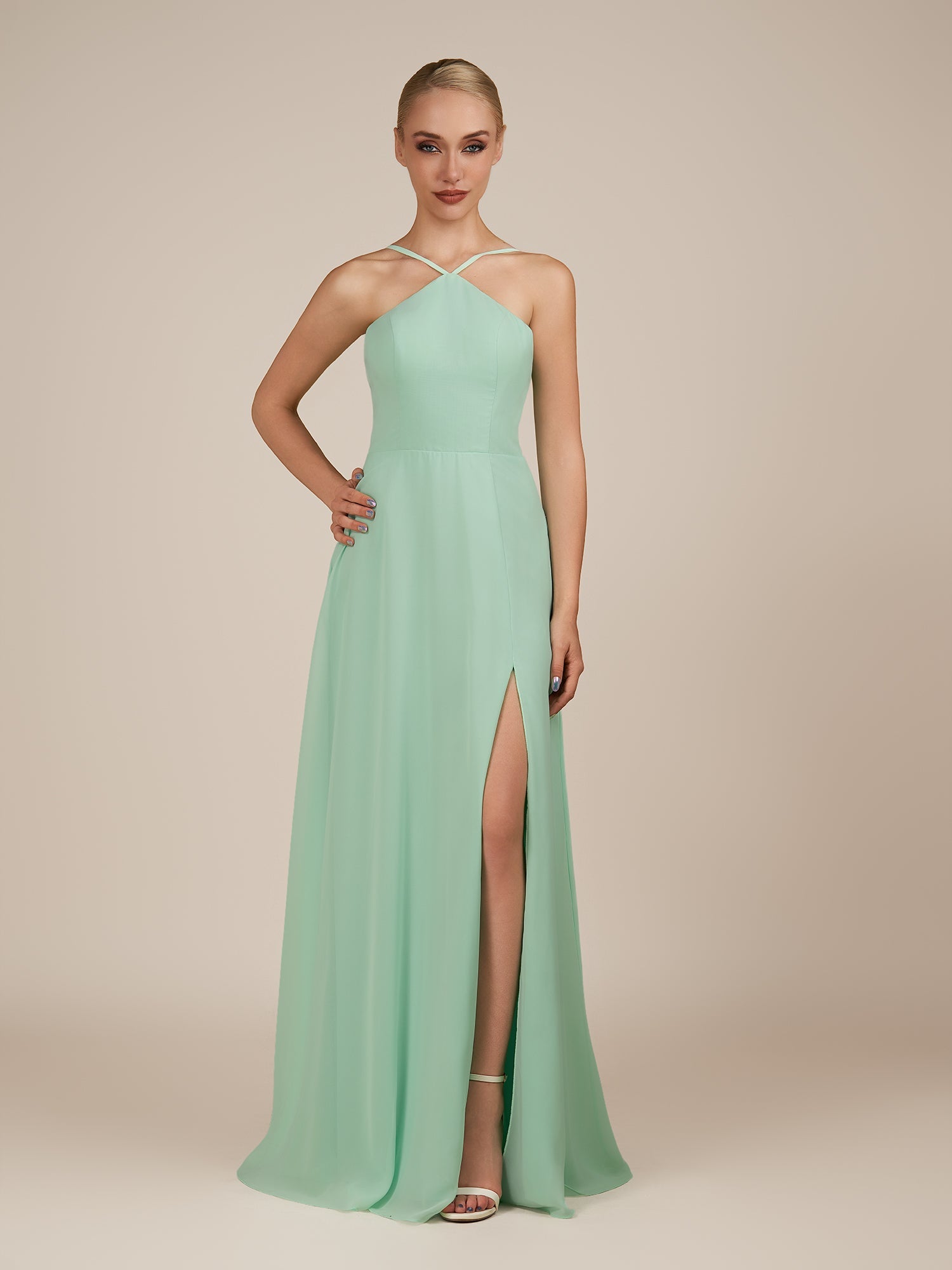KissDress-Ione Pale Pistachio A Line Chiffon Halter Neck Long Bridesmaid Dress with Slit