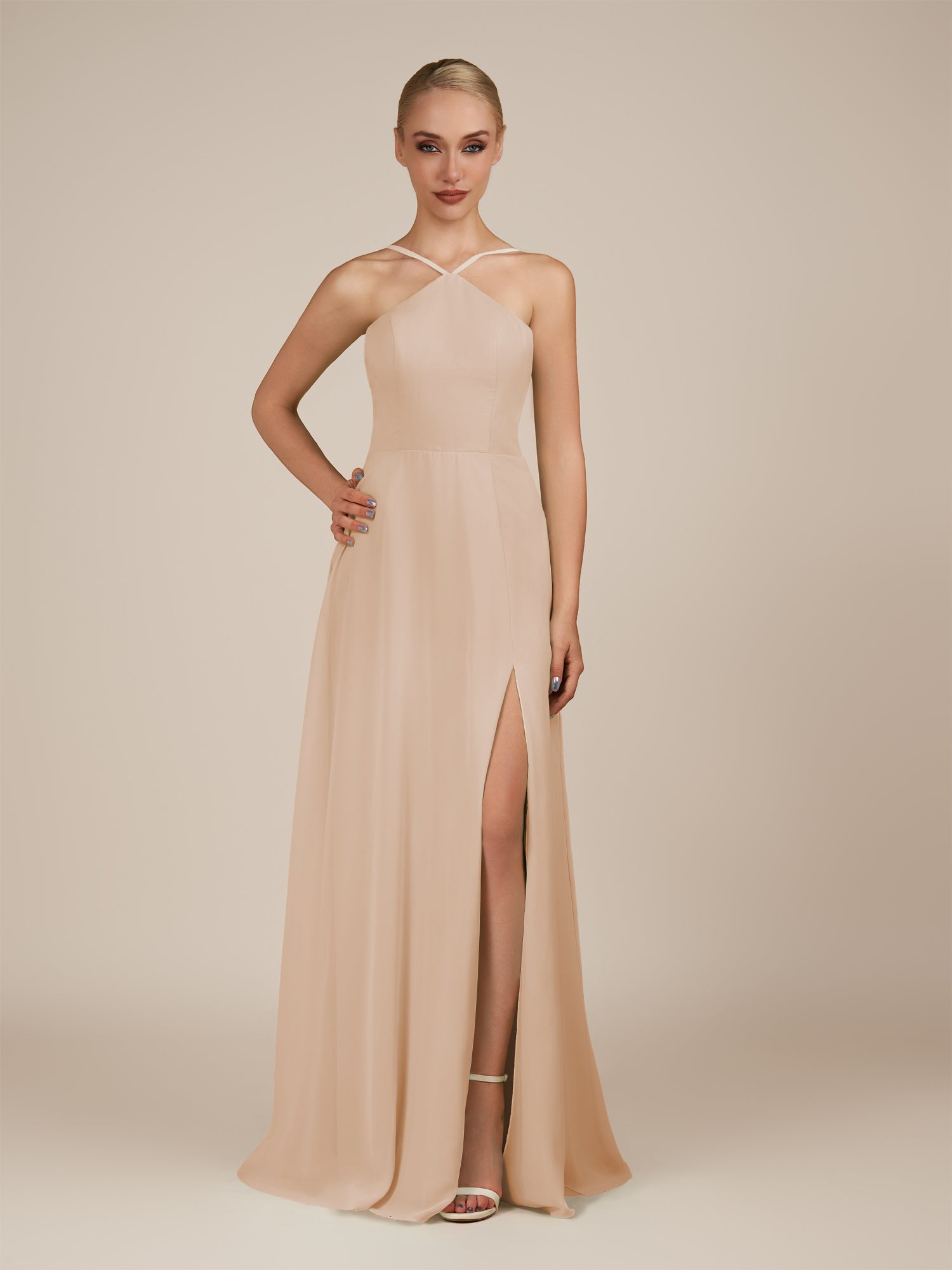 KissDress-Ione Pale Blush A Line Chiffon Halter Neck Long Bridesmaid Dress with Slit