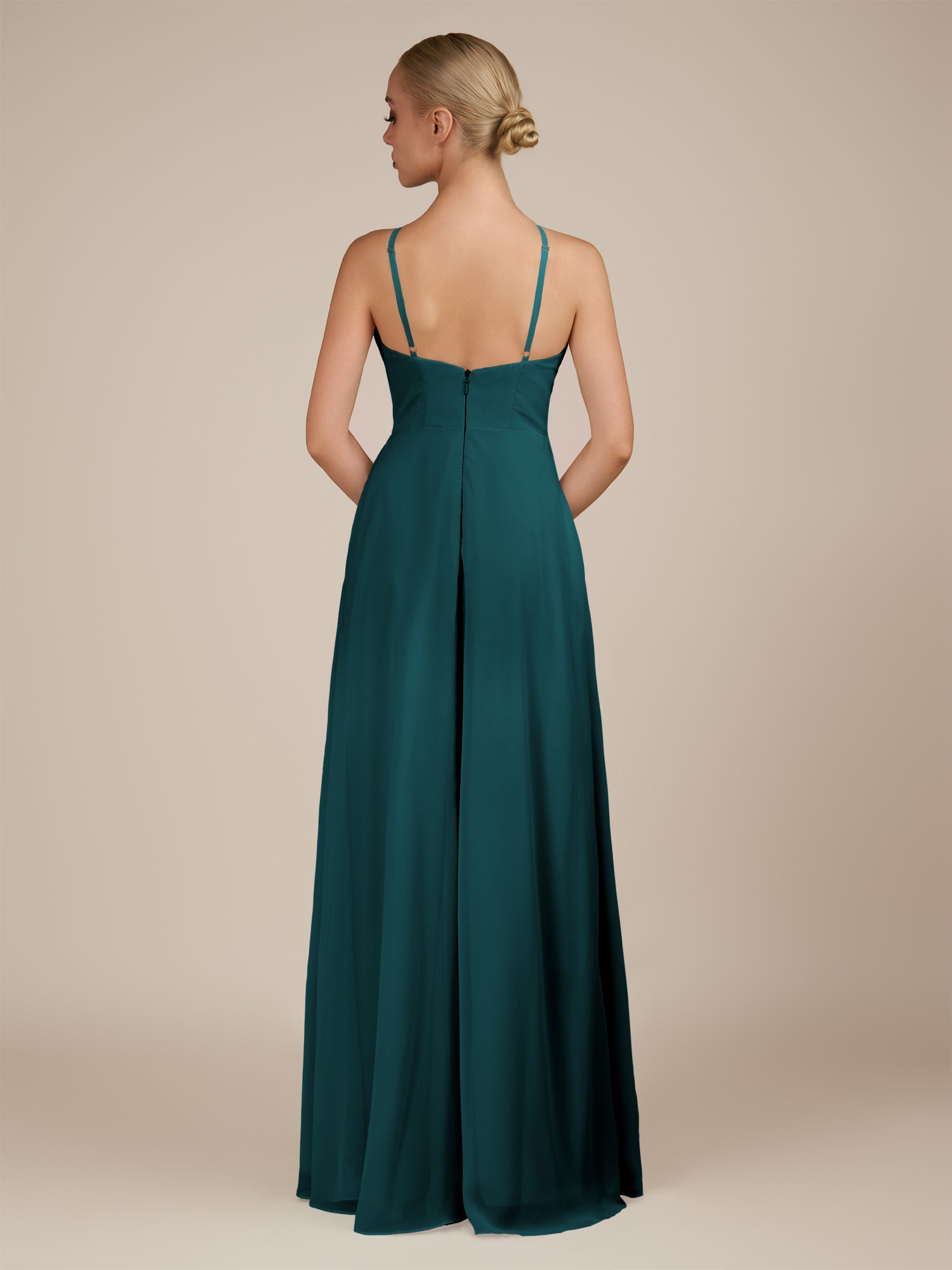 KissDress-Ione Pine A Line Chiffon Halter Neck Long Bridesmaid Dress with Slit