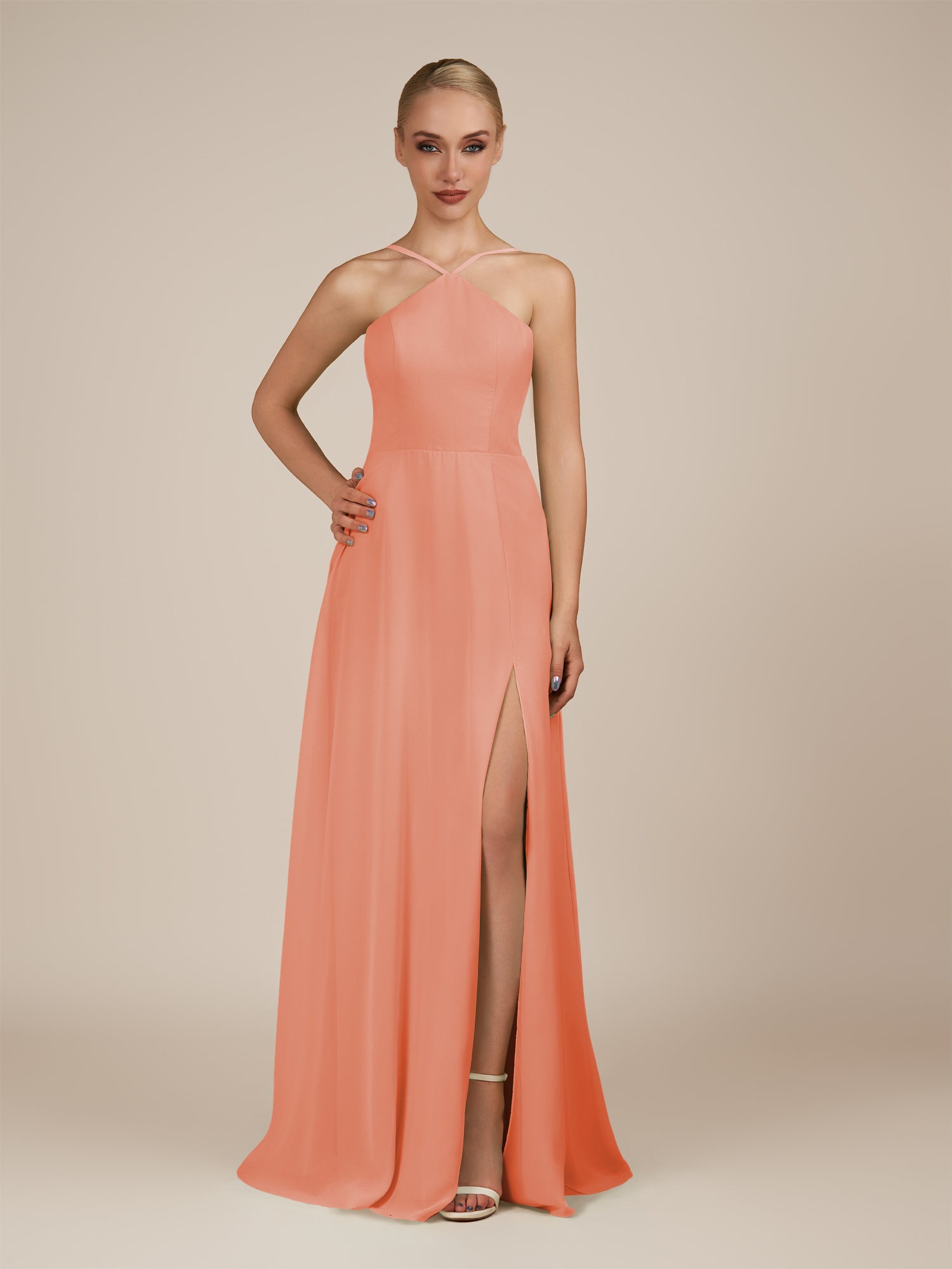 KissDress-Ione Rosette A Line Chiffon Halter Neck Long Bridesmaid Dress with Slit