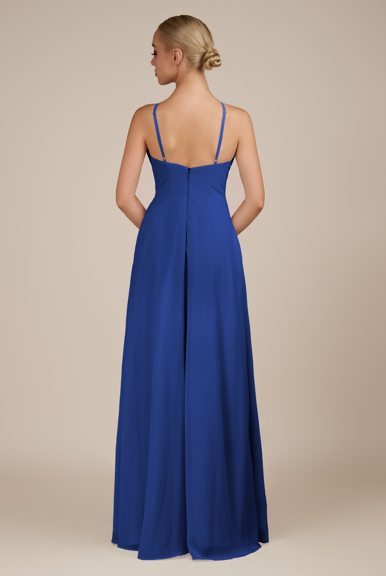 KissDress-Ione Royal Blue A Line Chiffon Halter Neck Long Bridesmaid Dress with Slit