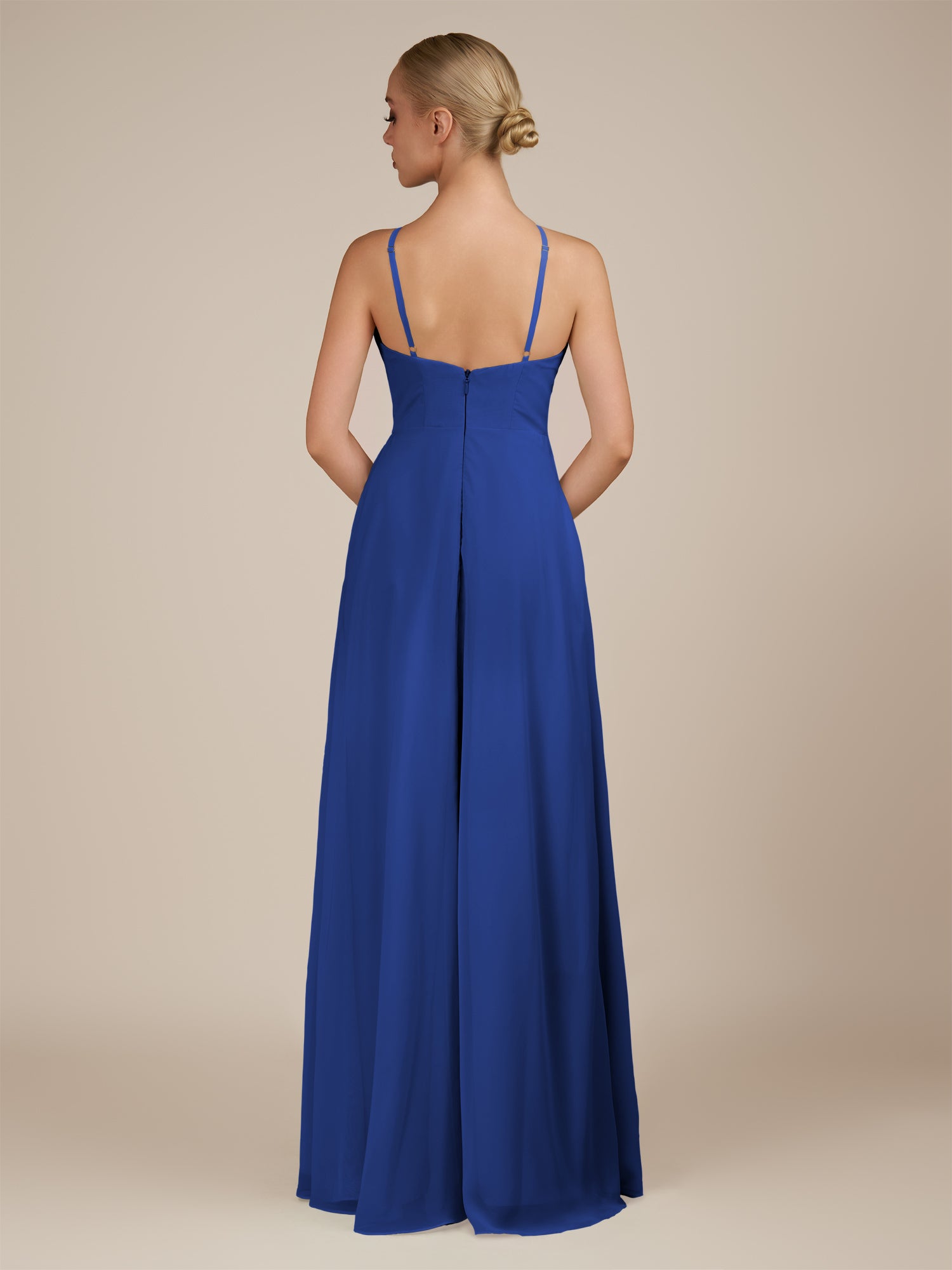 KissDress-Ione Royal Blue A Line Chiffon Halter Neck Long Bridesmaid Dress with Slit