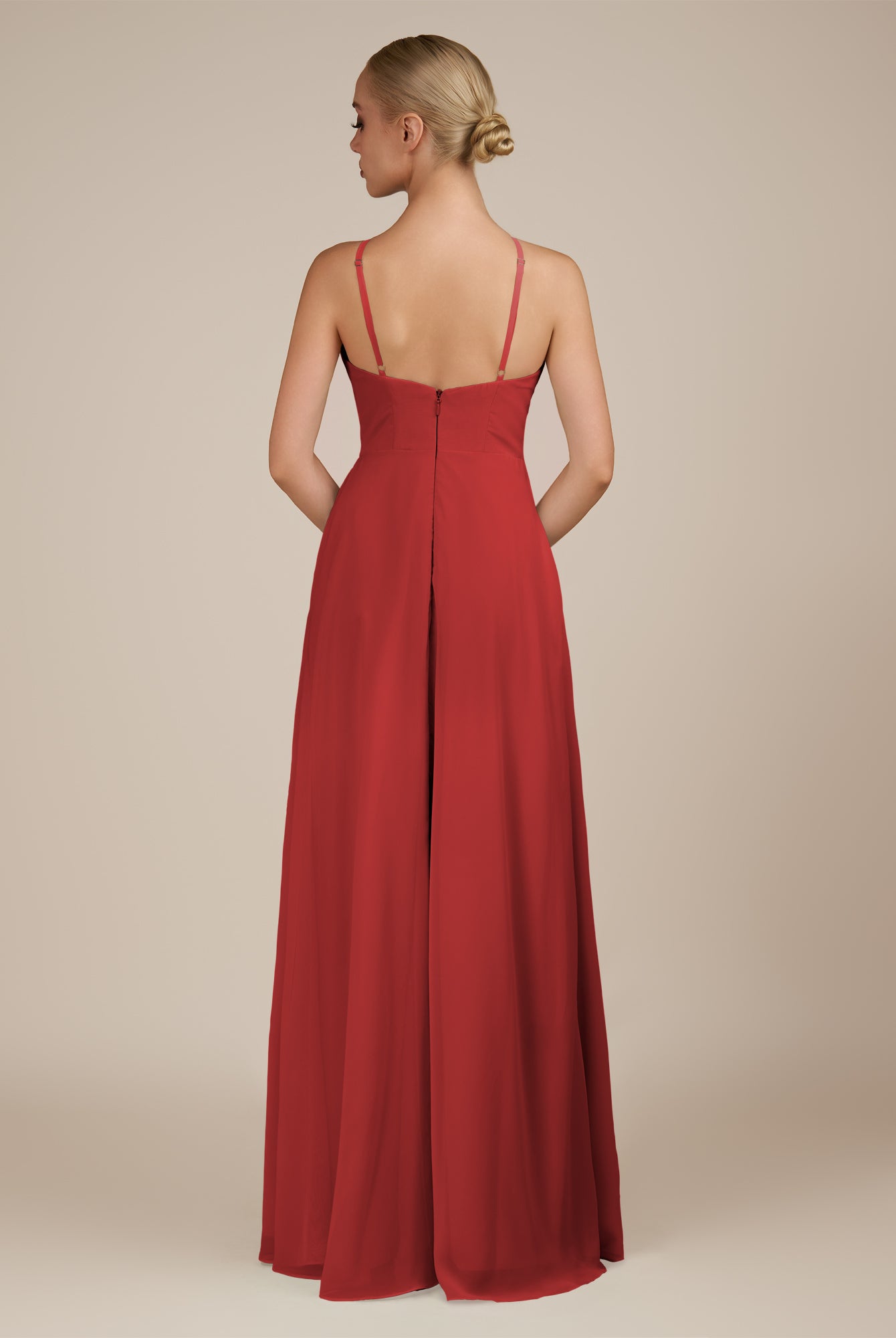 KissDress-Ione Ruby Red A Line Chiffon Halter Neck Long Bridesmaid Dress with Slit